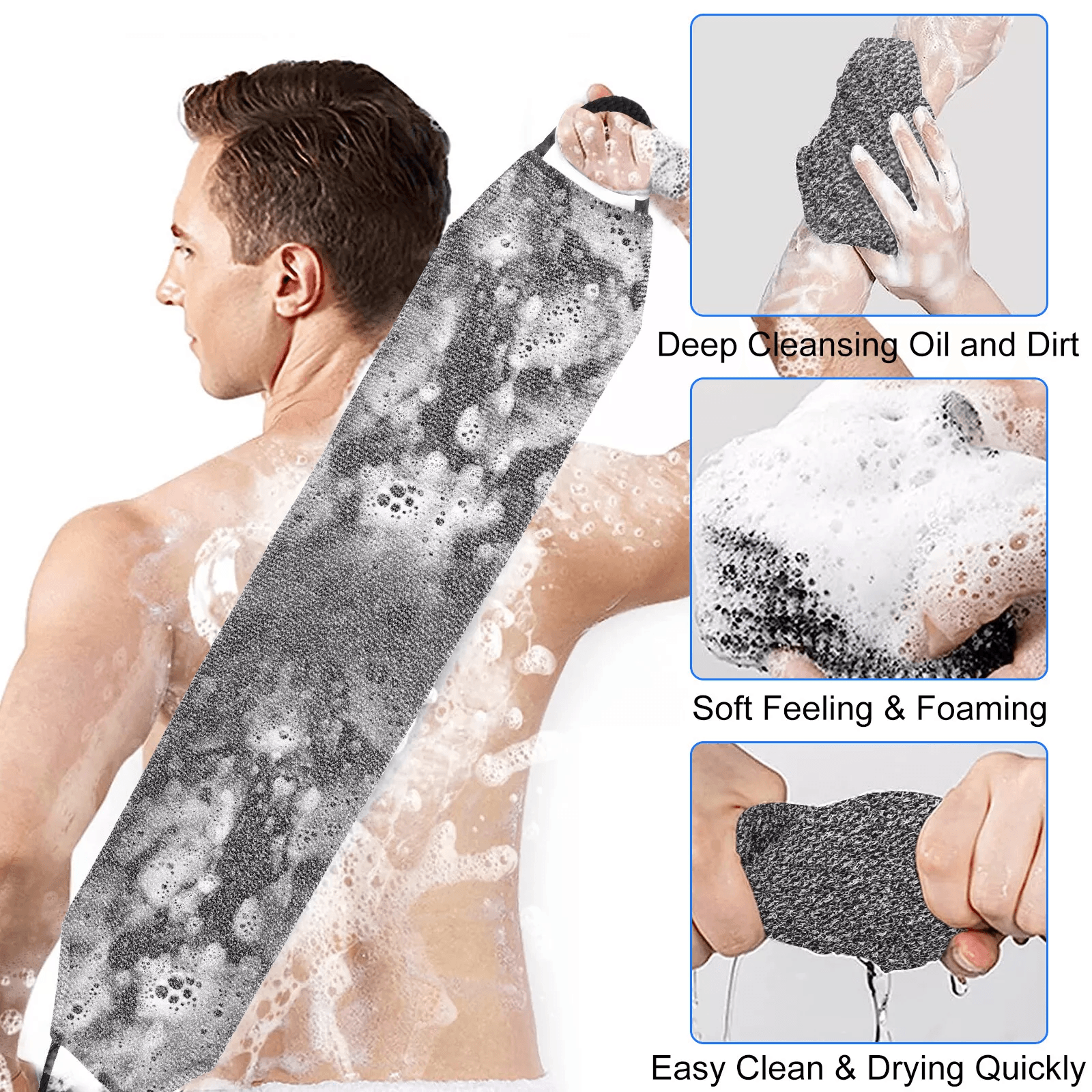exfoliating back scrubber towel strip for shower bath - soft skin body wash cloth for spa and exfoliation