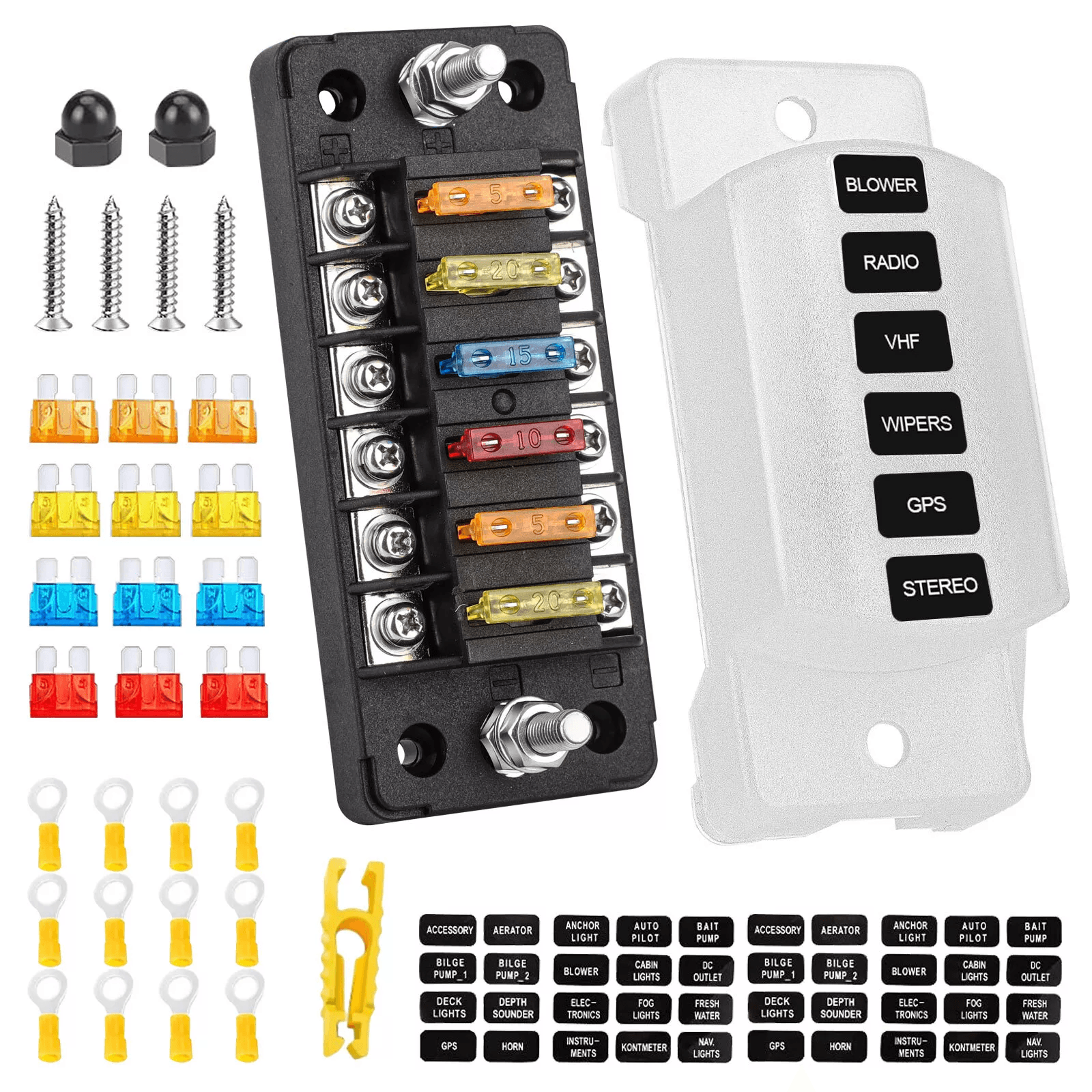 universal 6 way blade fuse block for car boat rv – 12v 24v auto power distribution holder with cover, fuse box kit