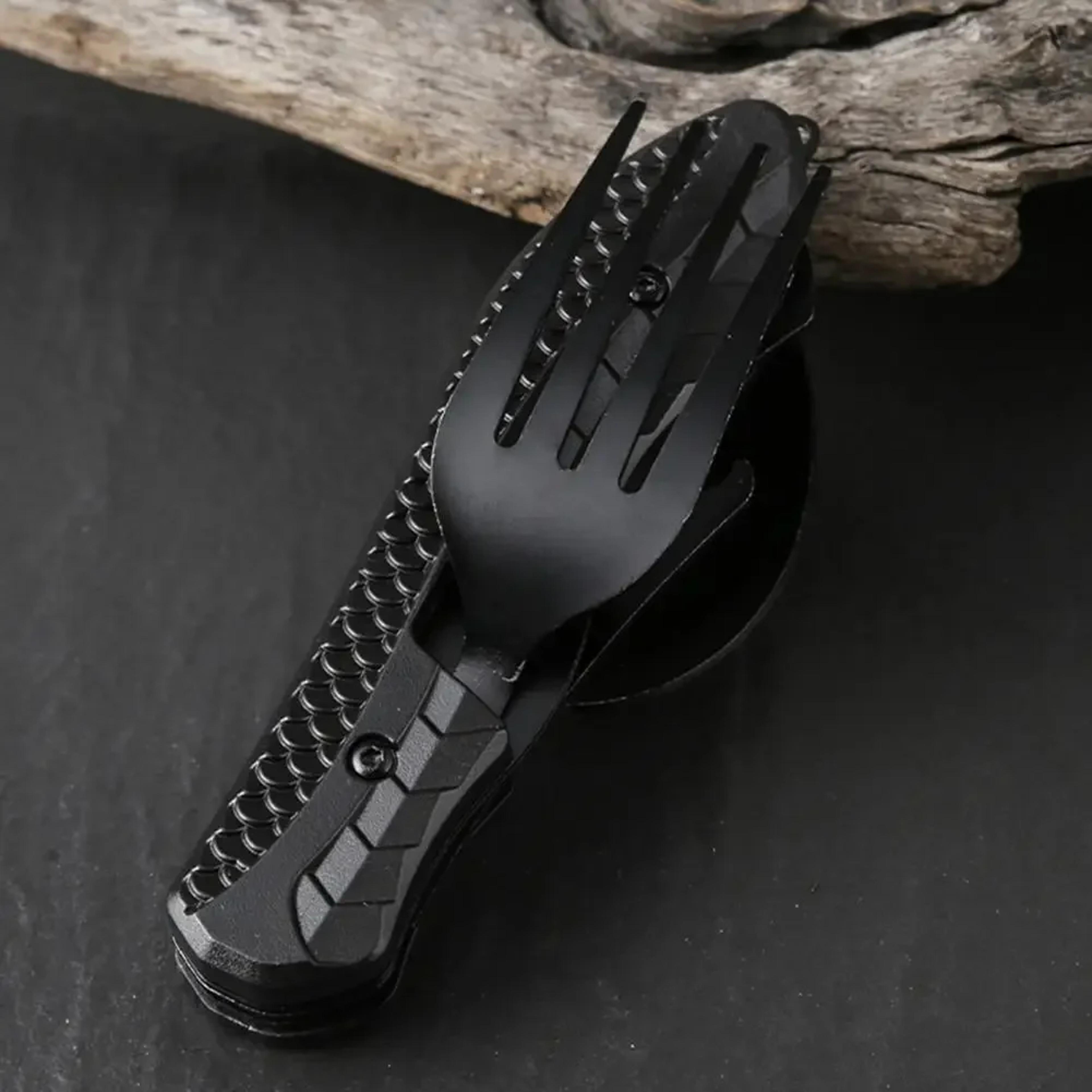 camping folding knife spoon fork multi-tool, stainless steel outdoor utensil set with comfortable grip & bottle opener