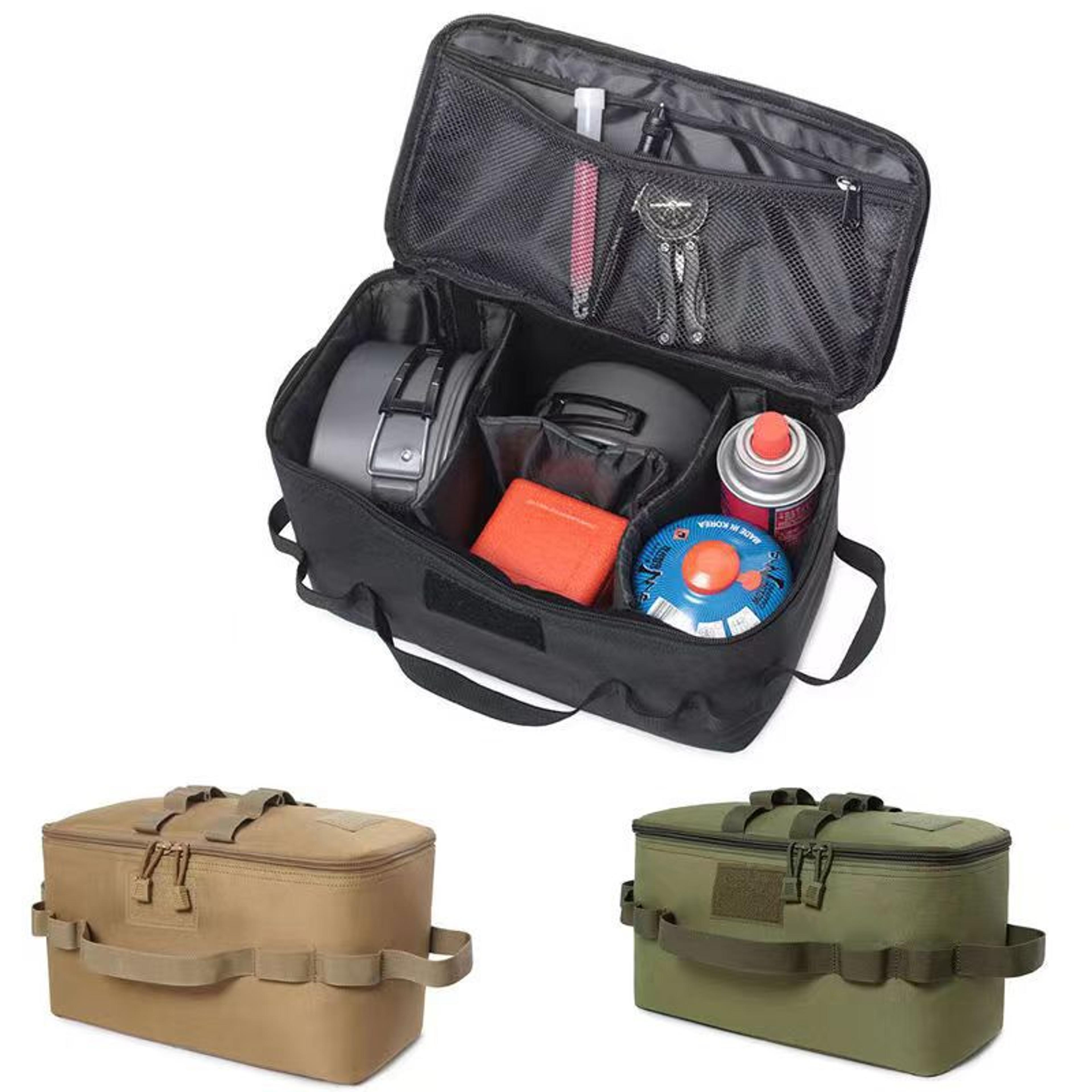 camping gas canister storage bag, foldable outdoor tool organizer with large capacity, ground nail, picnic cookware