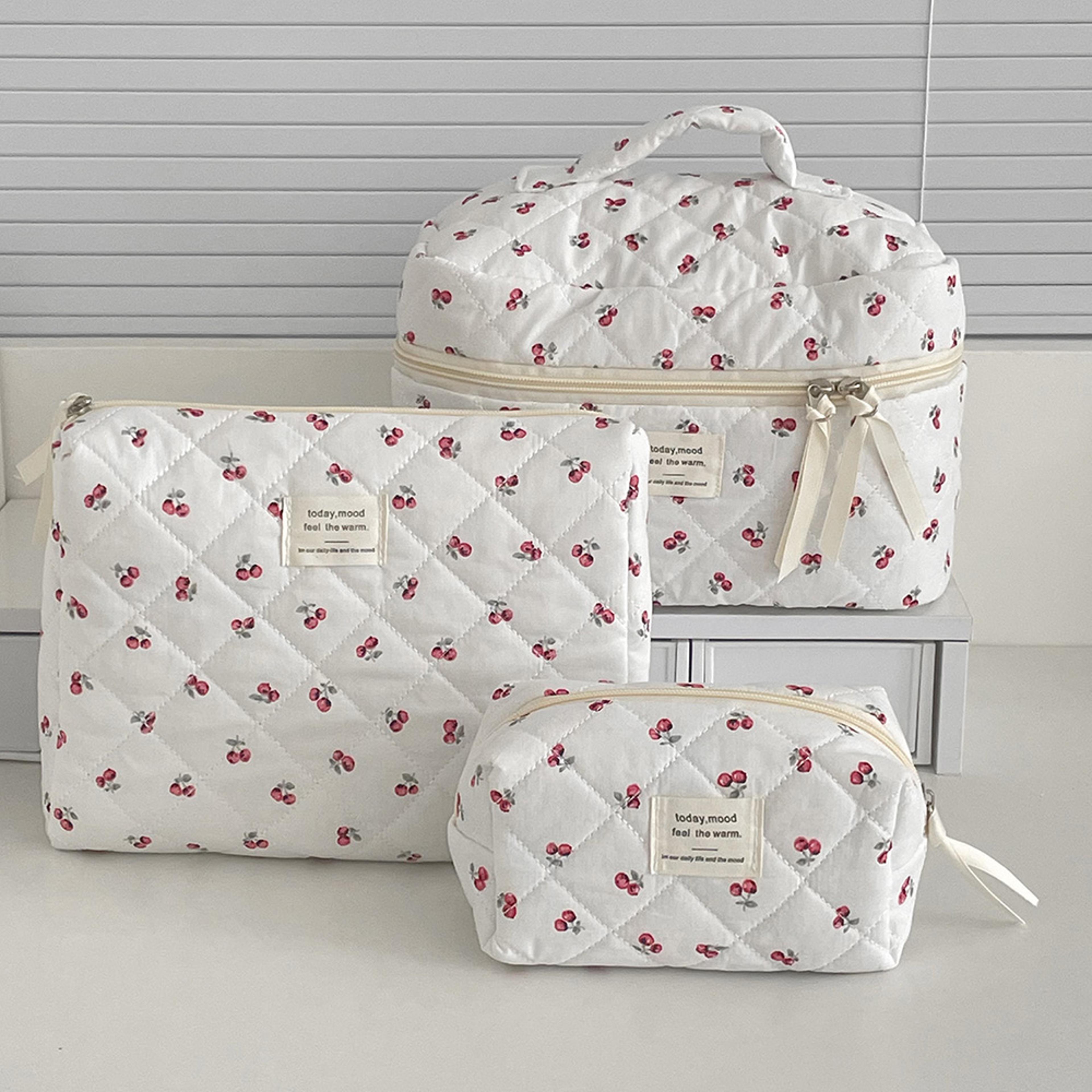 portable cherry makeup bag for women cotton quilted zipper handbag, cute fashion travel cosmetic pouch, toiletry storage