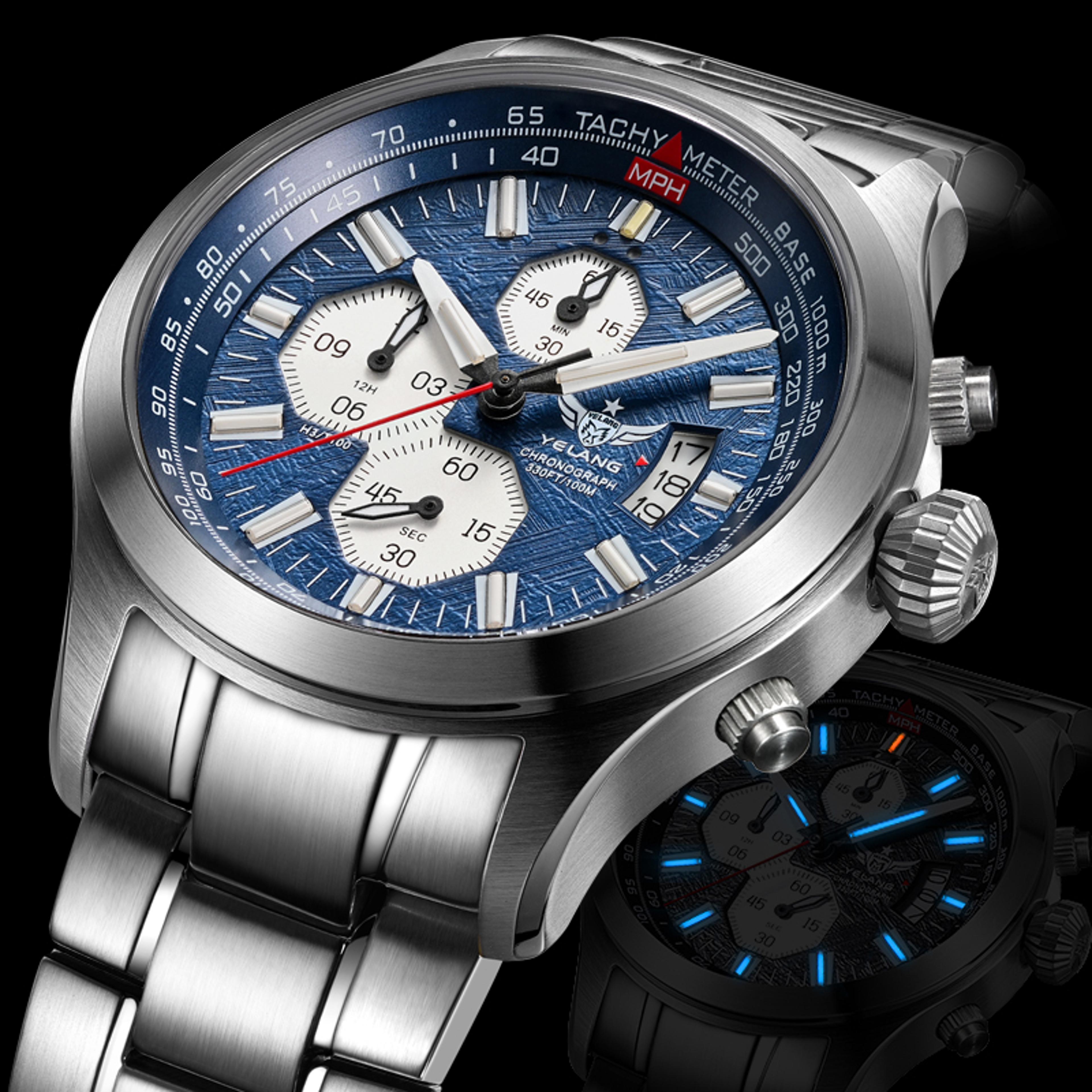 yelang men quartz watch with japan os00 movement, 100m waterproof diving watch, three eyes chronograph style