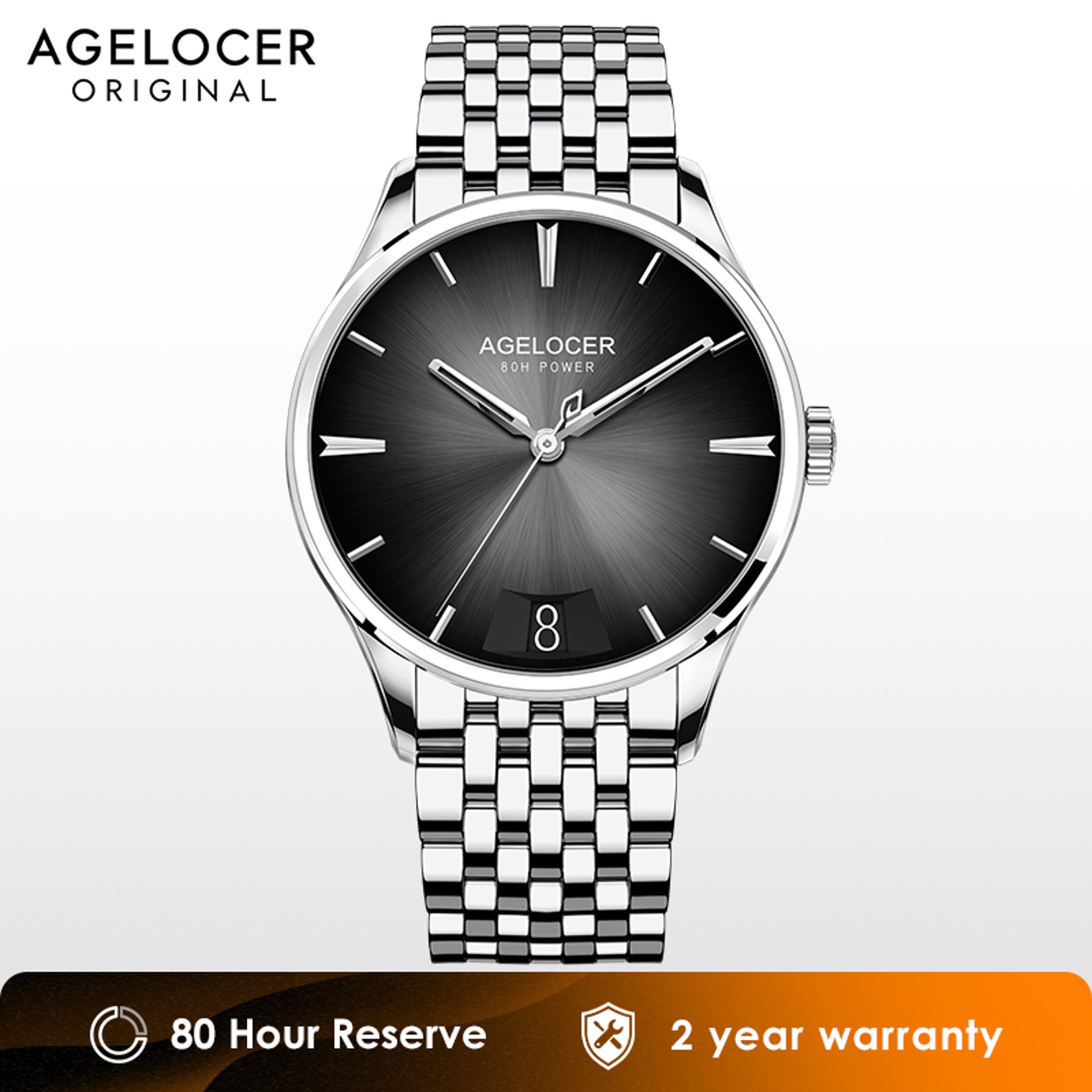 automatic mechanical agelocer budapest watch for men, steel strap dress watch, big calendar, elegant birthday gift