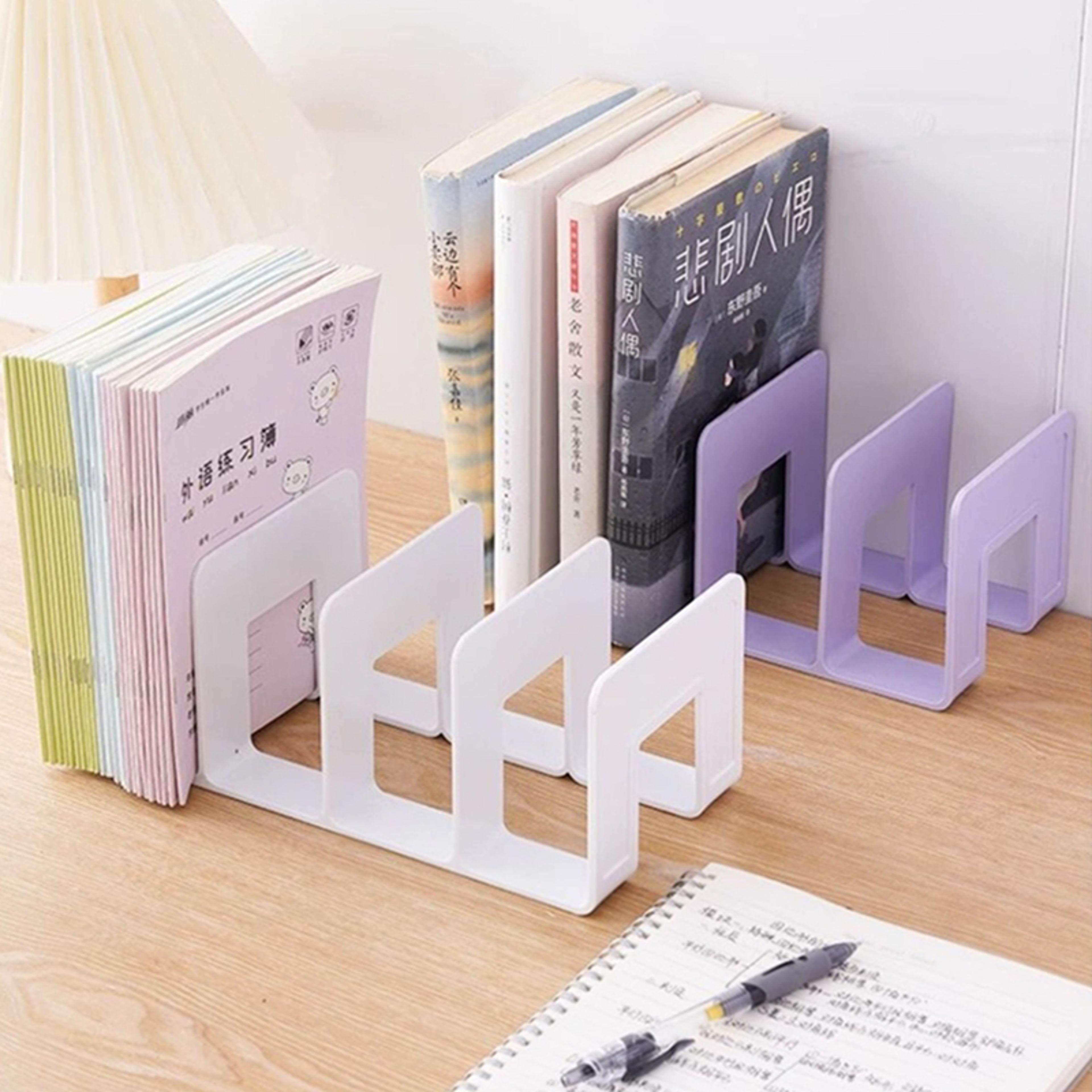 4 grid bookends stand, sturdy bookshelf desktop decor & storage rack book holder for school, office & home organization