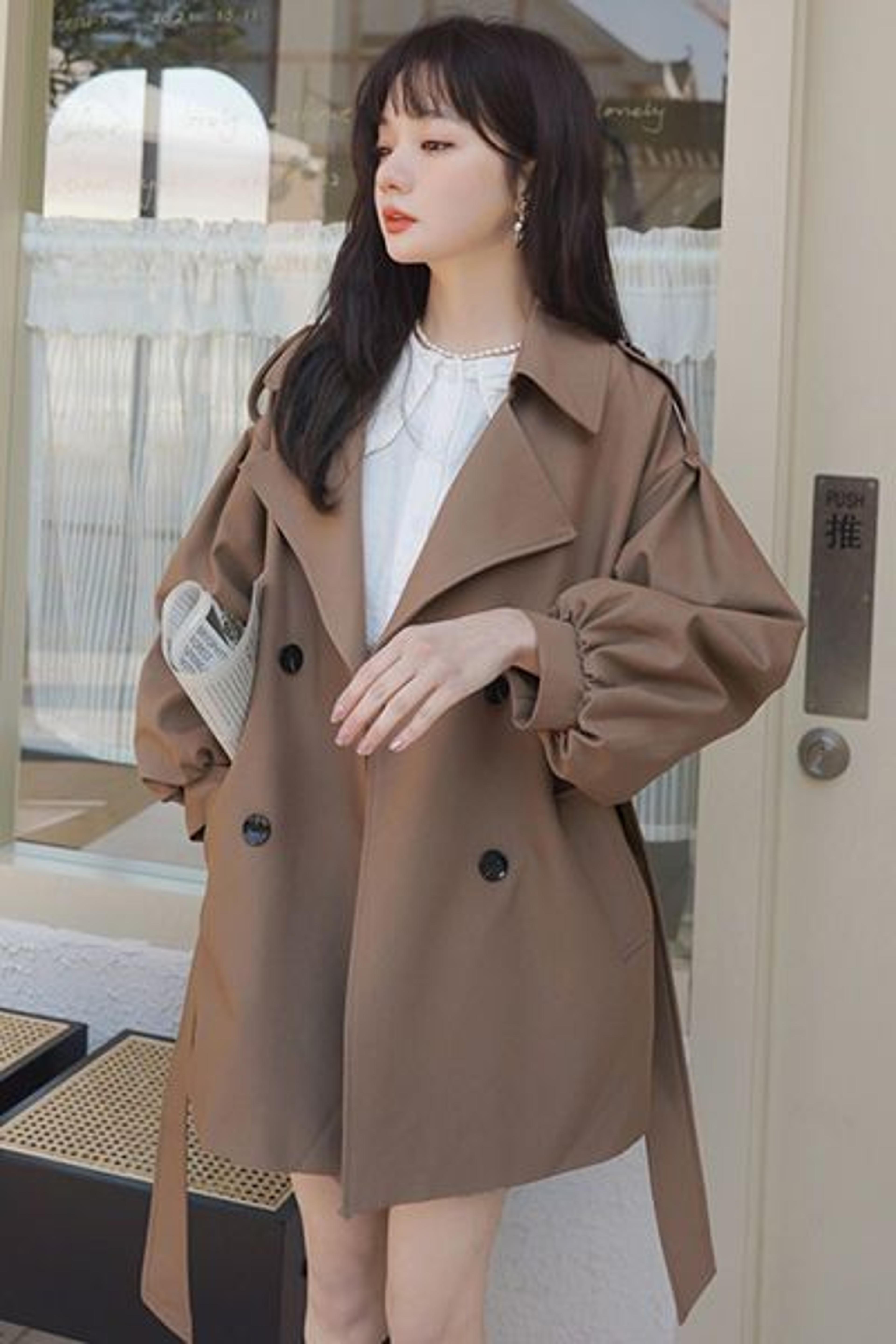 coffee short trench coat, womens loose fit, lantern sleeve coat, spring autumn style, elegant outerwear