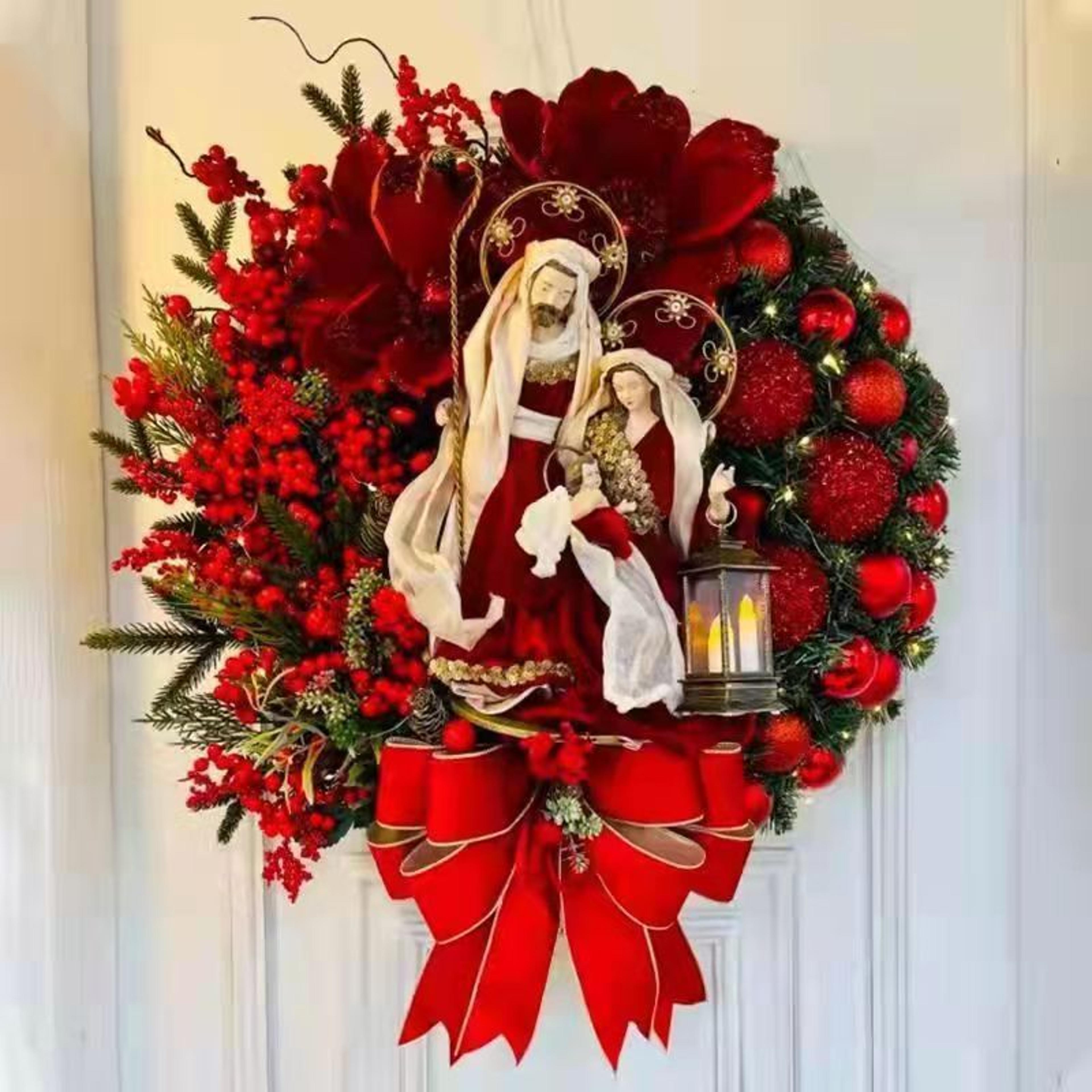 front door garland with large bow, christmas wreath with lantern, seasona ornament christmas decoration for front door