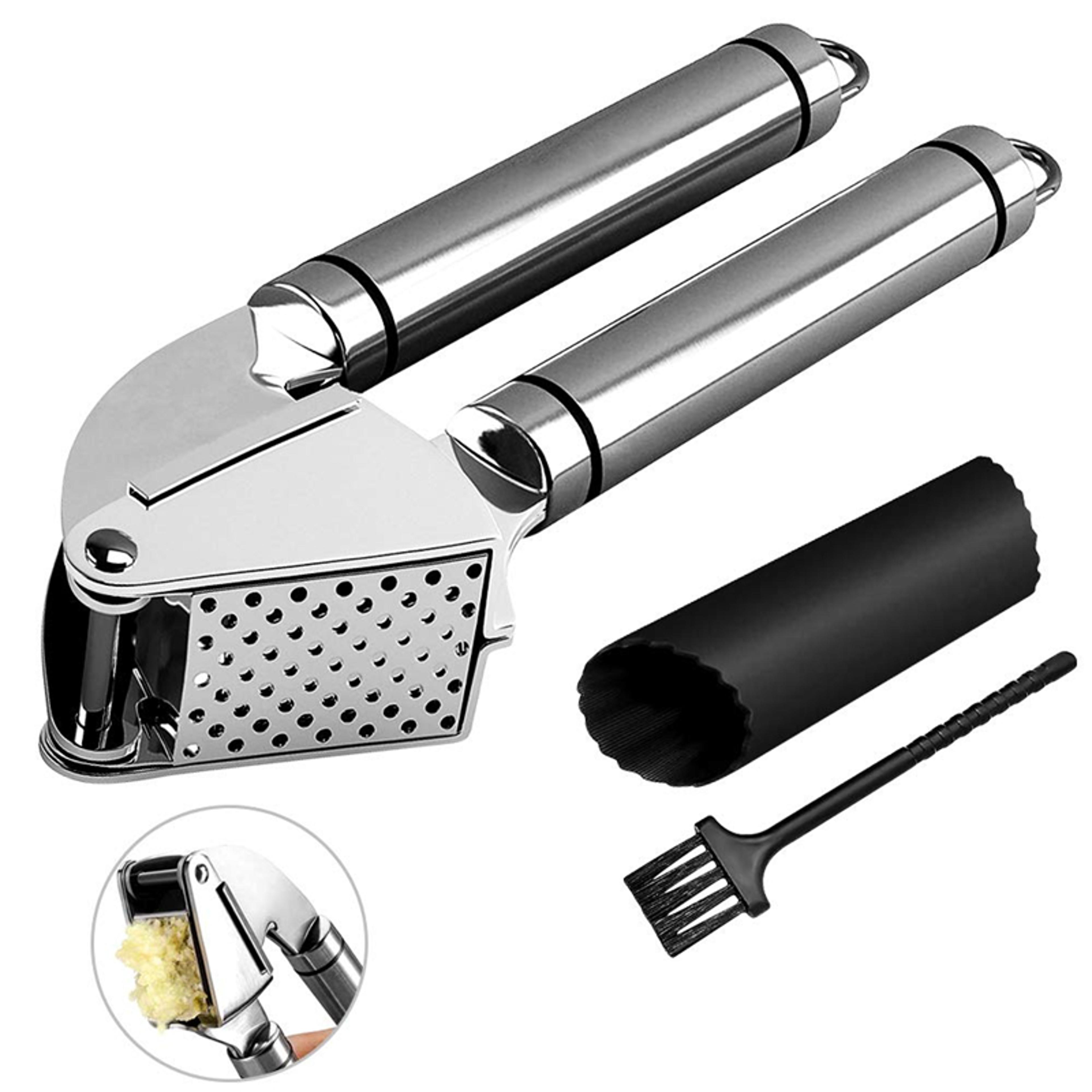 premium stainless steel garlic press kit with silicone peeler & crusher