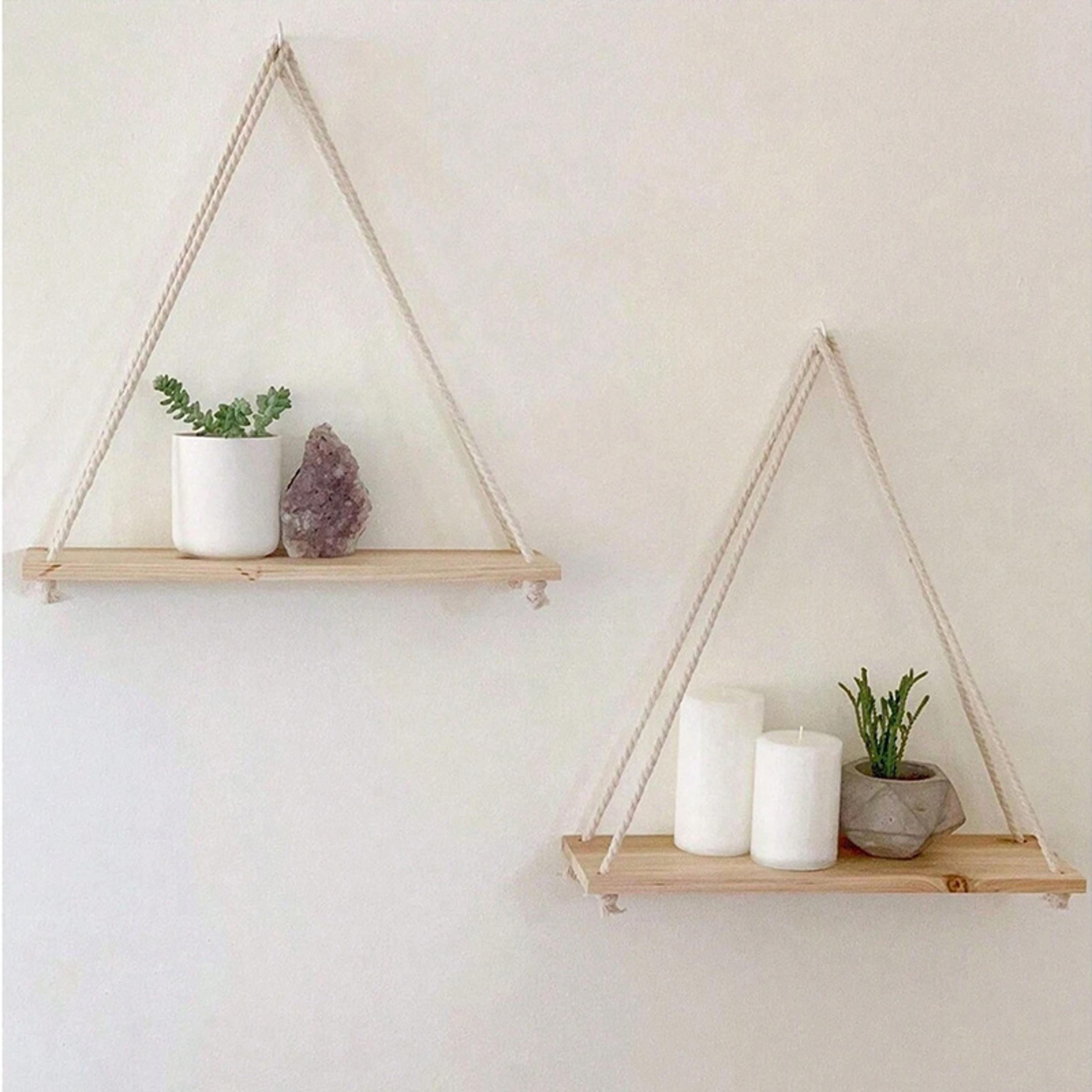 rustic wooden hanging rope shelf for plants and boho wall decor