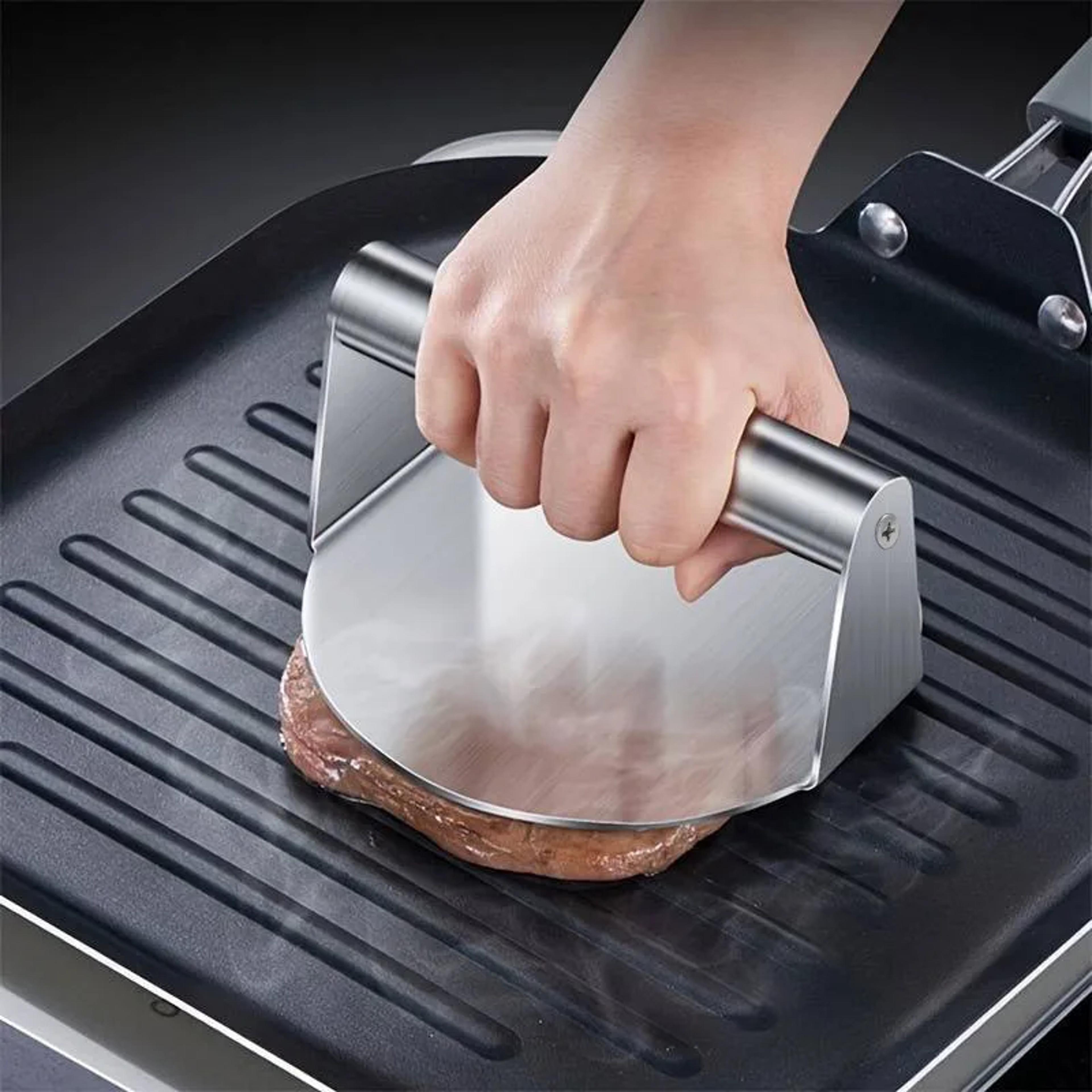heavy duty stainless steel burger press for smash burgers and griddle cooking