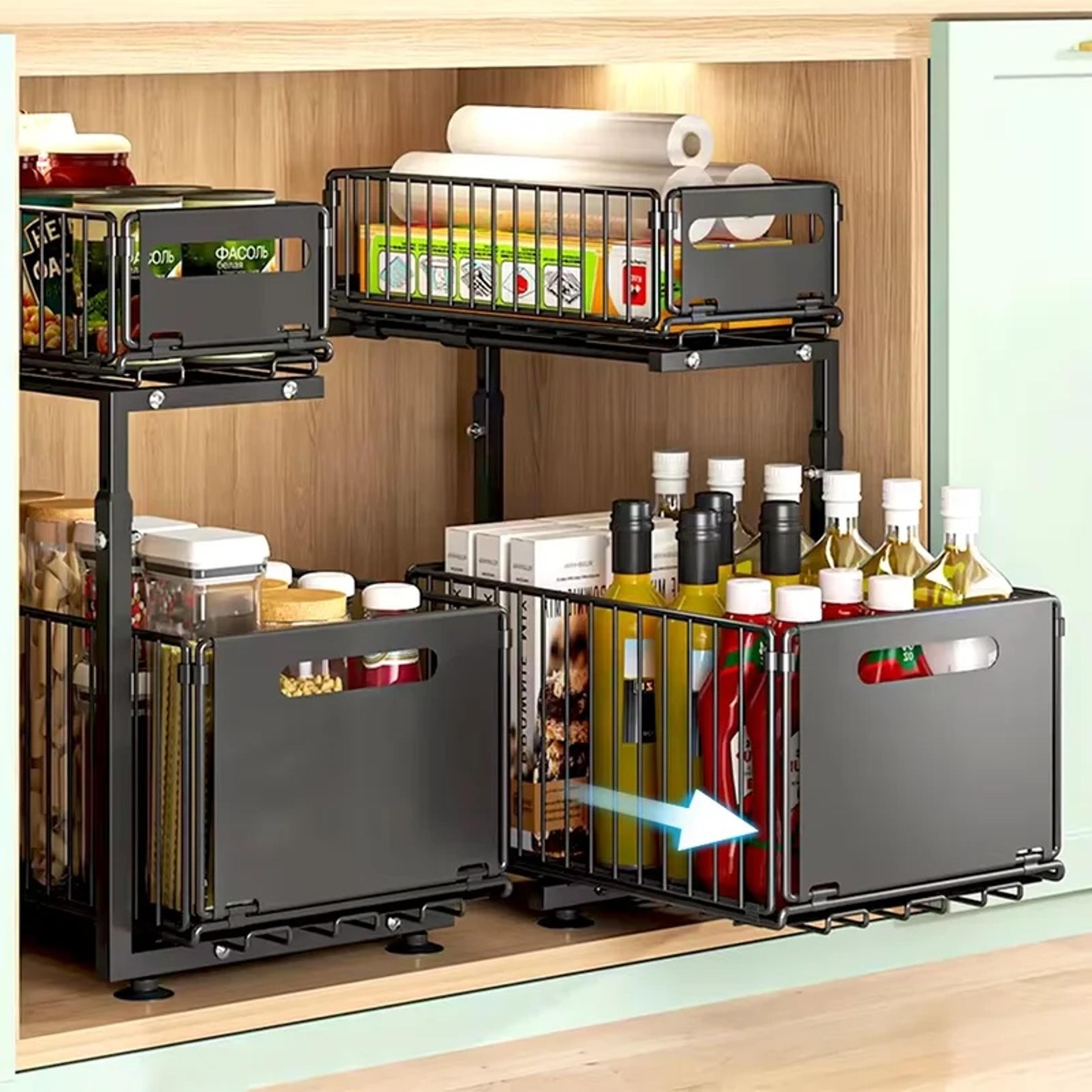 tier adjustable pull out under sink organizer with sliding drawers