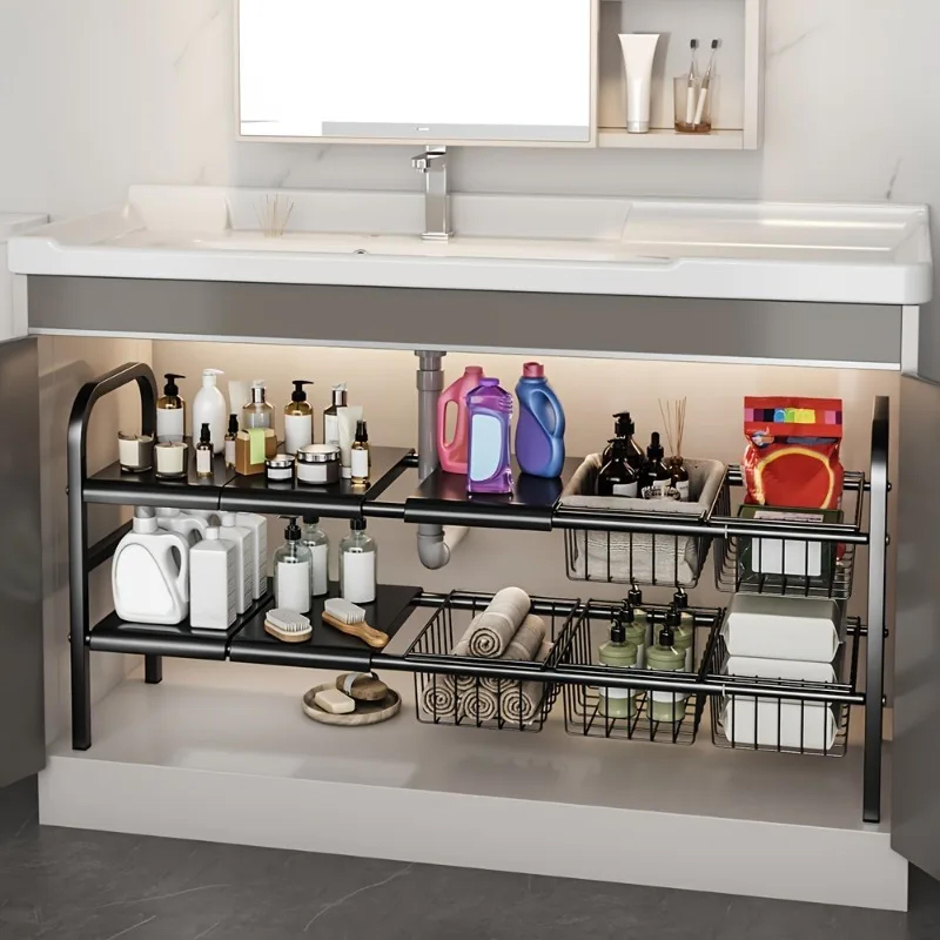 expandable under sink organizer adjustable cabinet storage rack