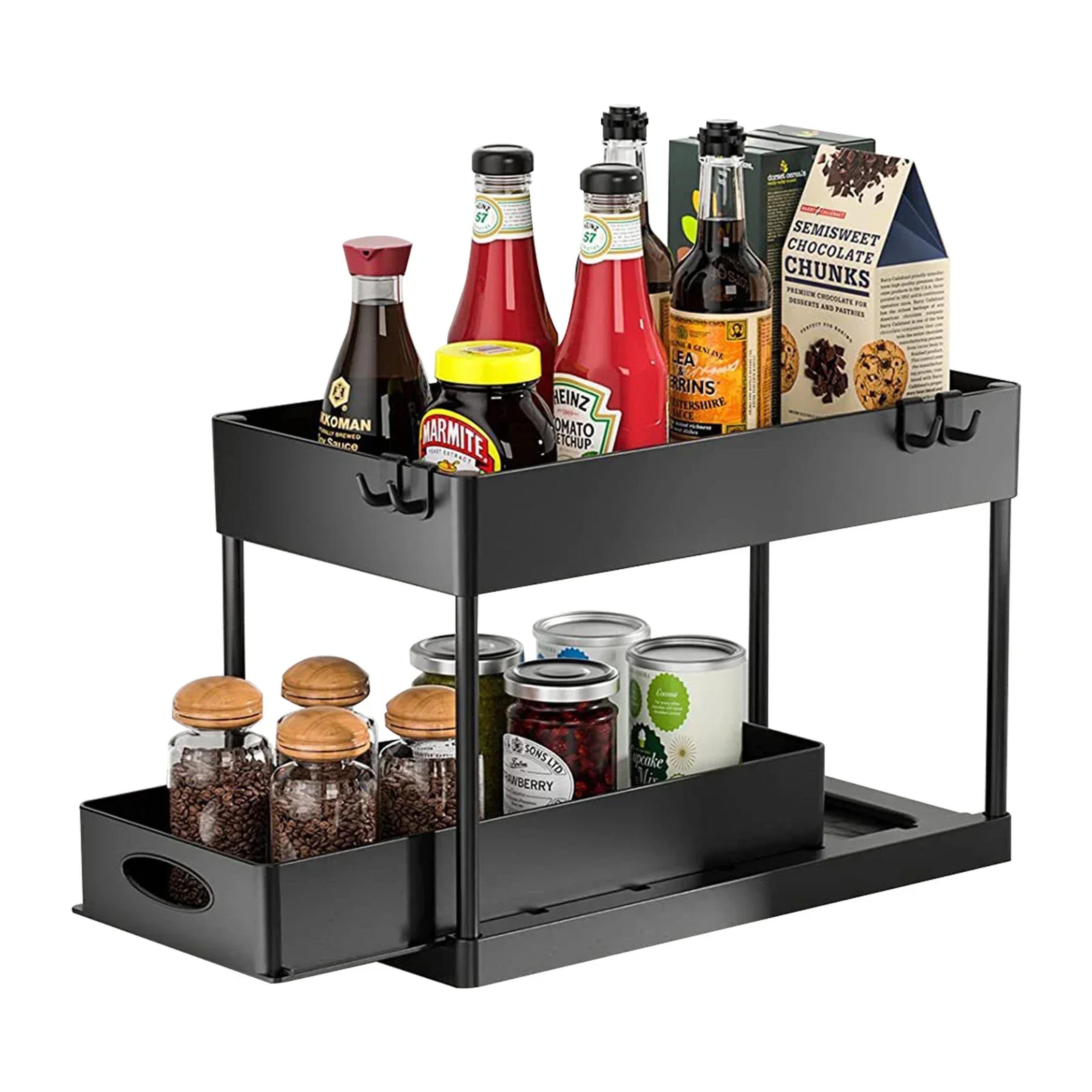 under sink organizer with sliding basket hooks and cup