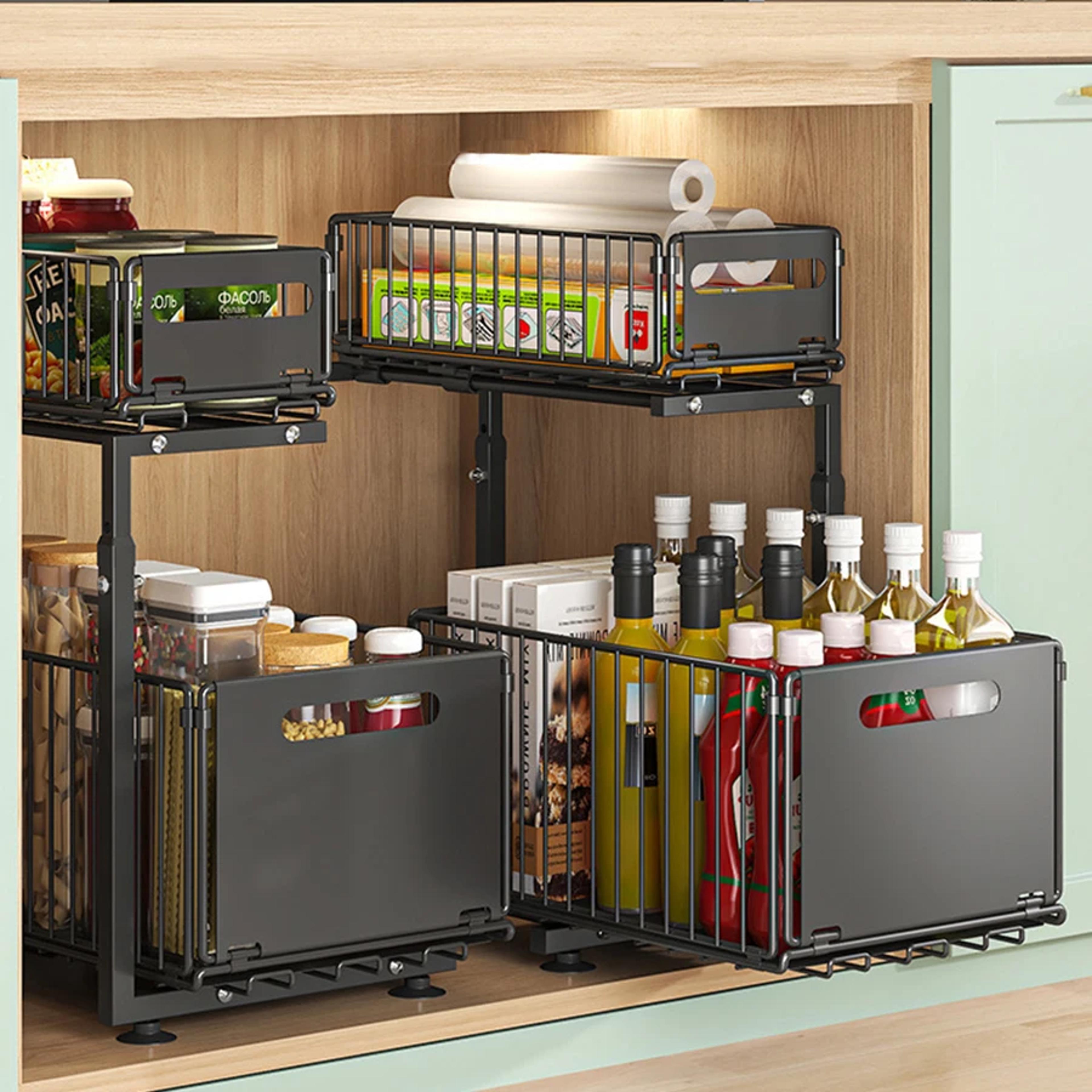 under sink organizer with pull out sliding cabinet storage