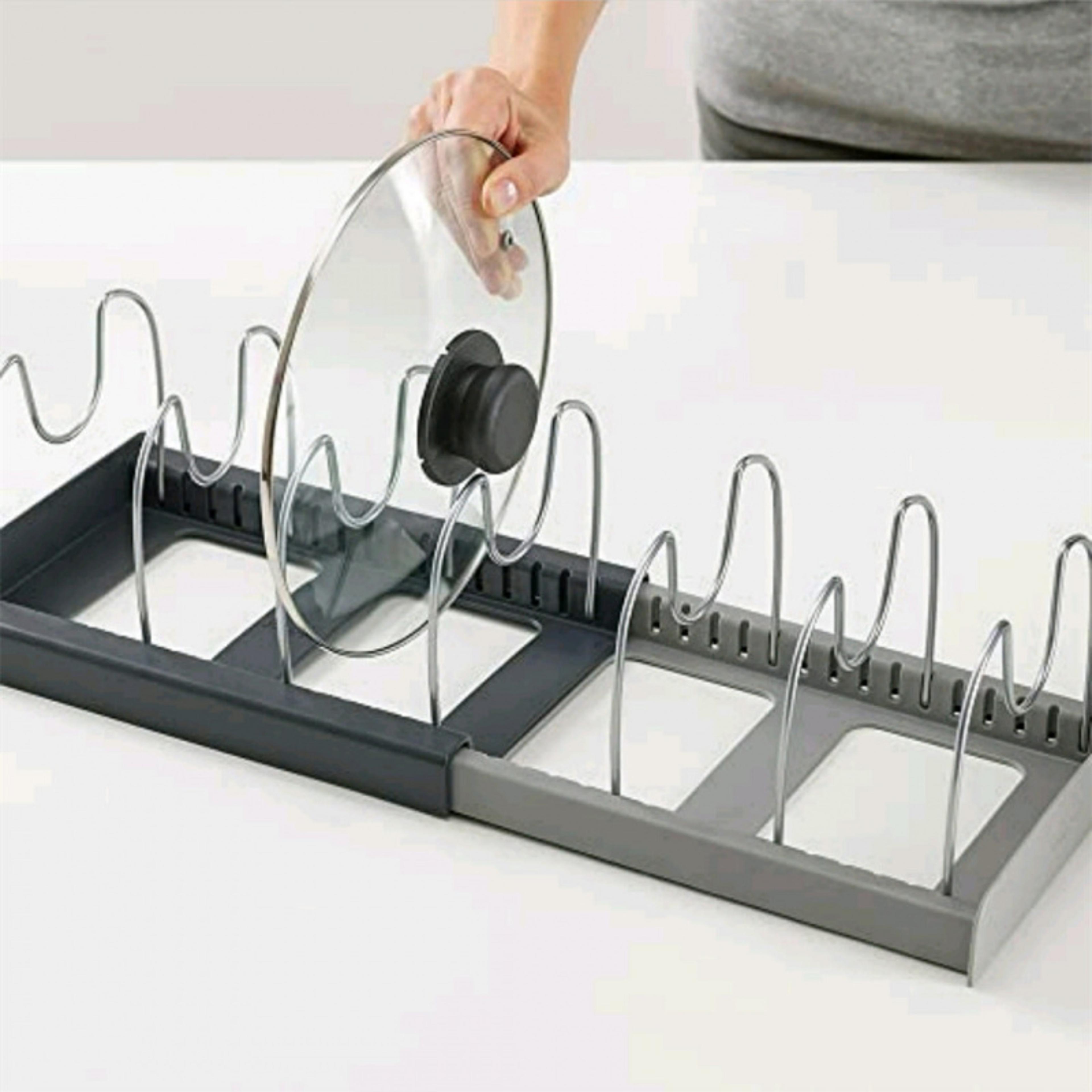 expandable pot and pan organizer adjustable lid and bakeware storage rack