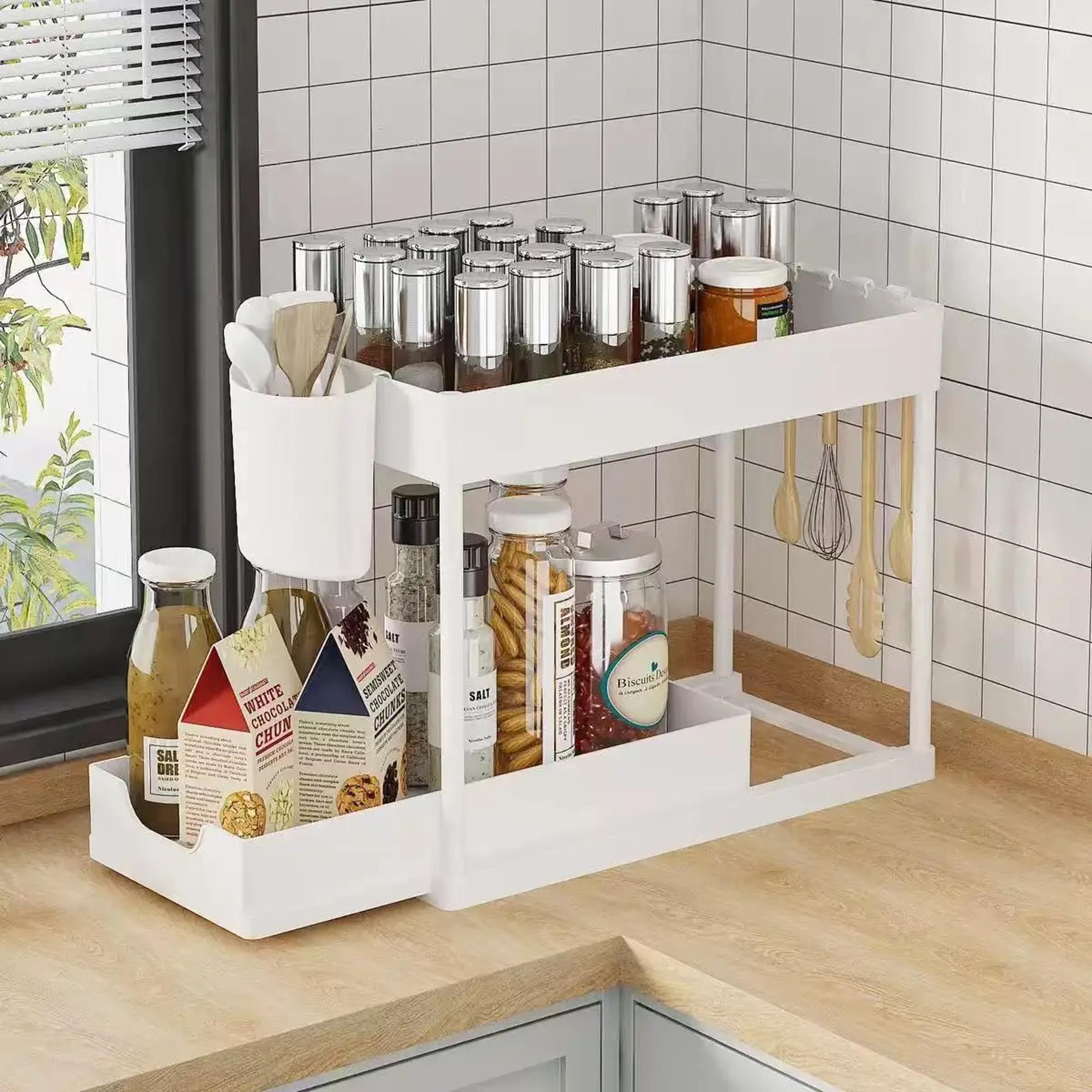sliding under sink organizer pull out kitchen bathroom storage