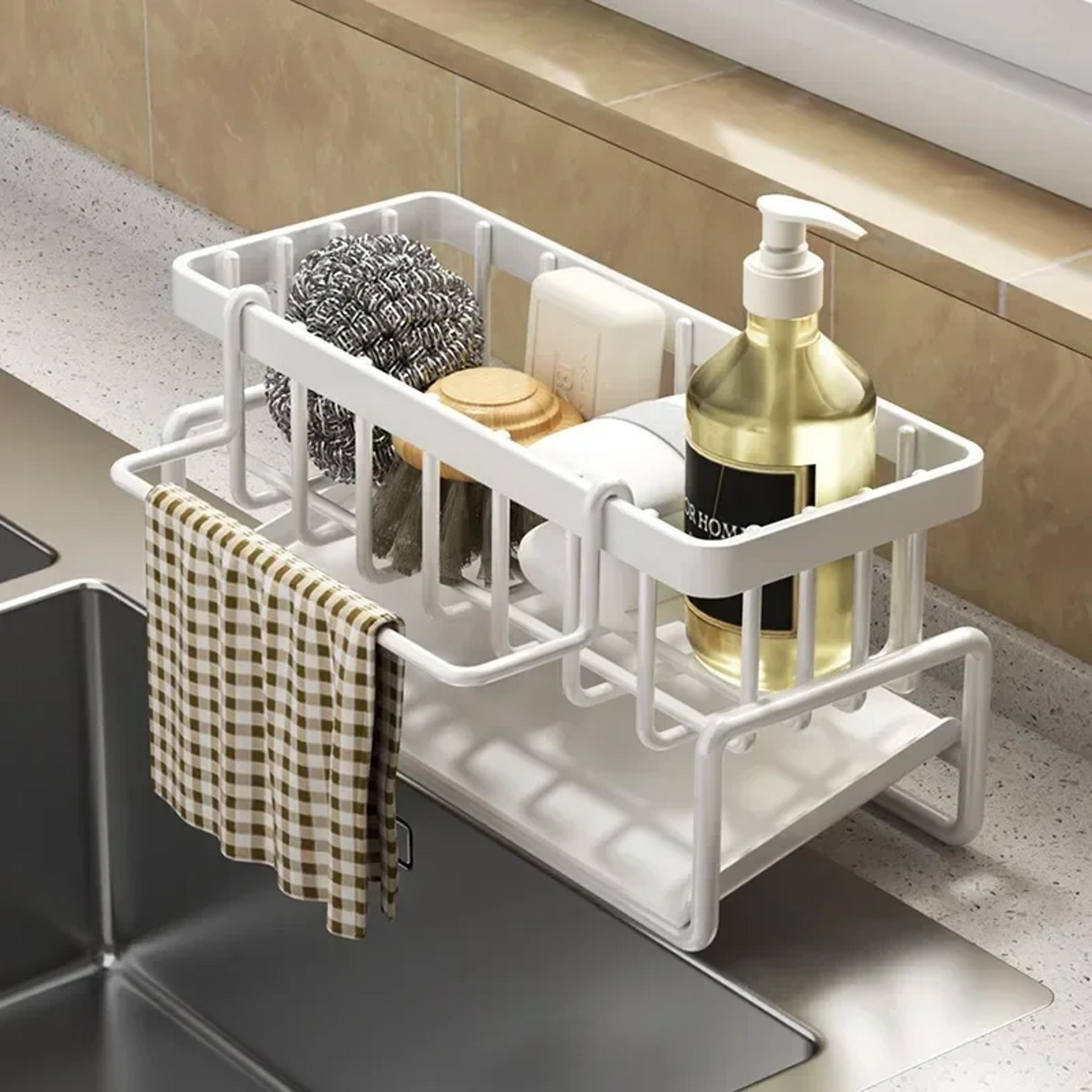 kitchen sink organizer sponge holder with drain tray and dishcloth rack