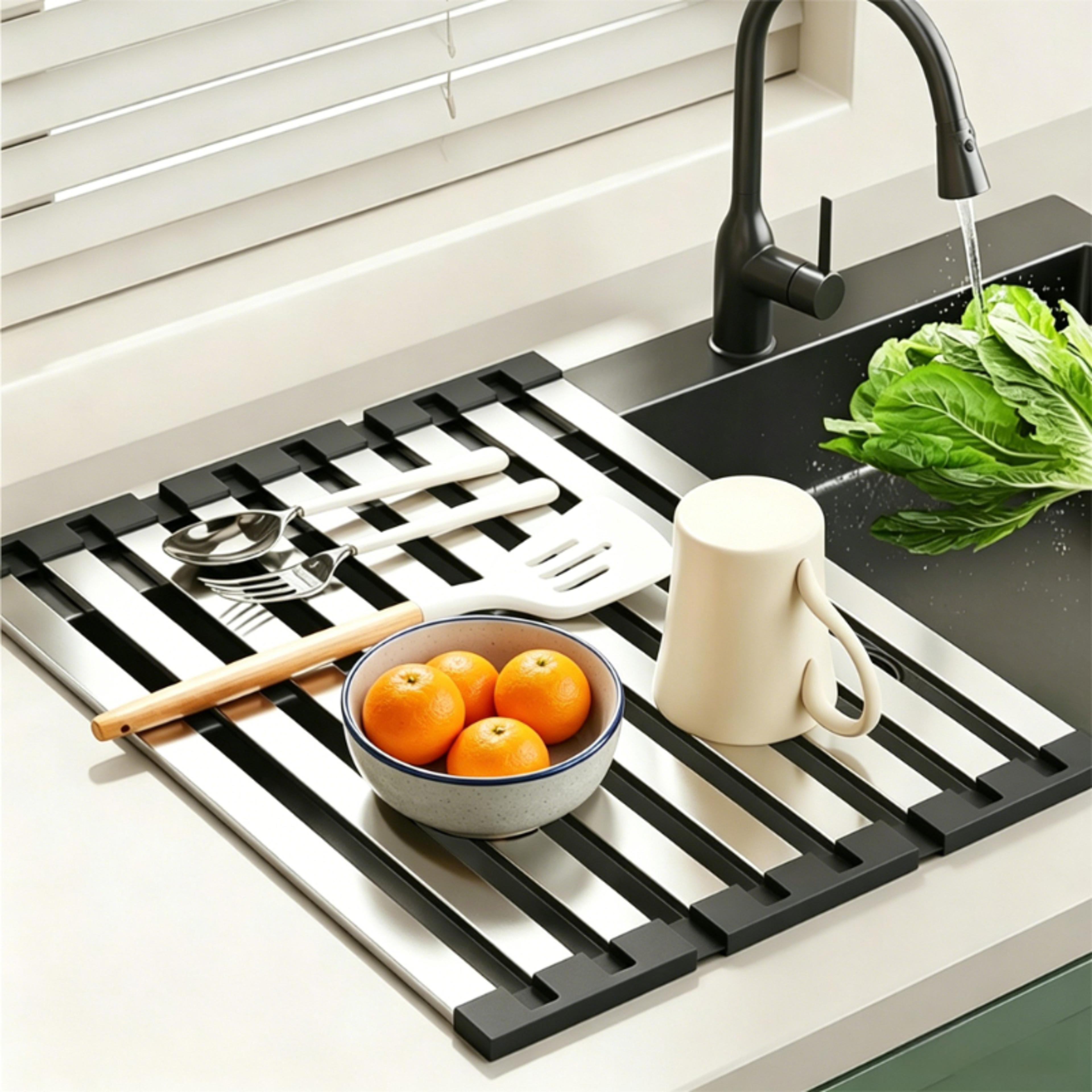 stainless steel over sink dish drying rack foldable roll up dish drainer