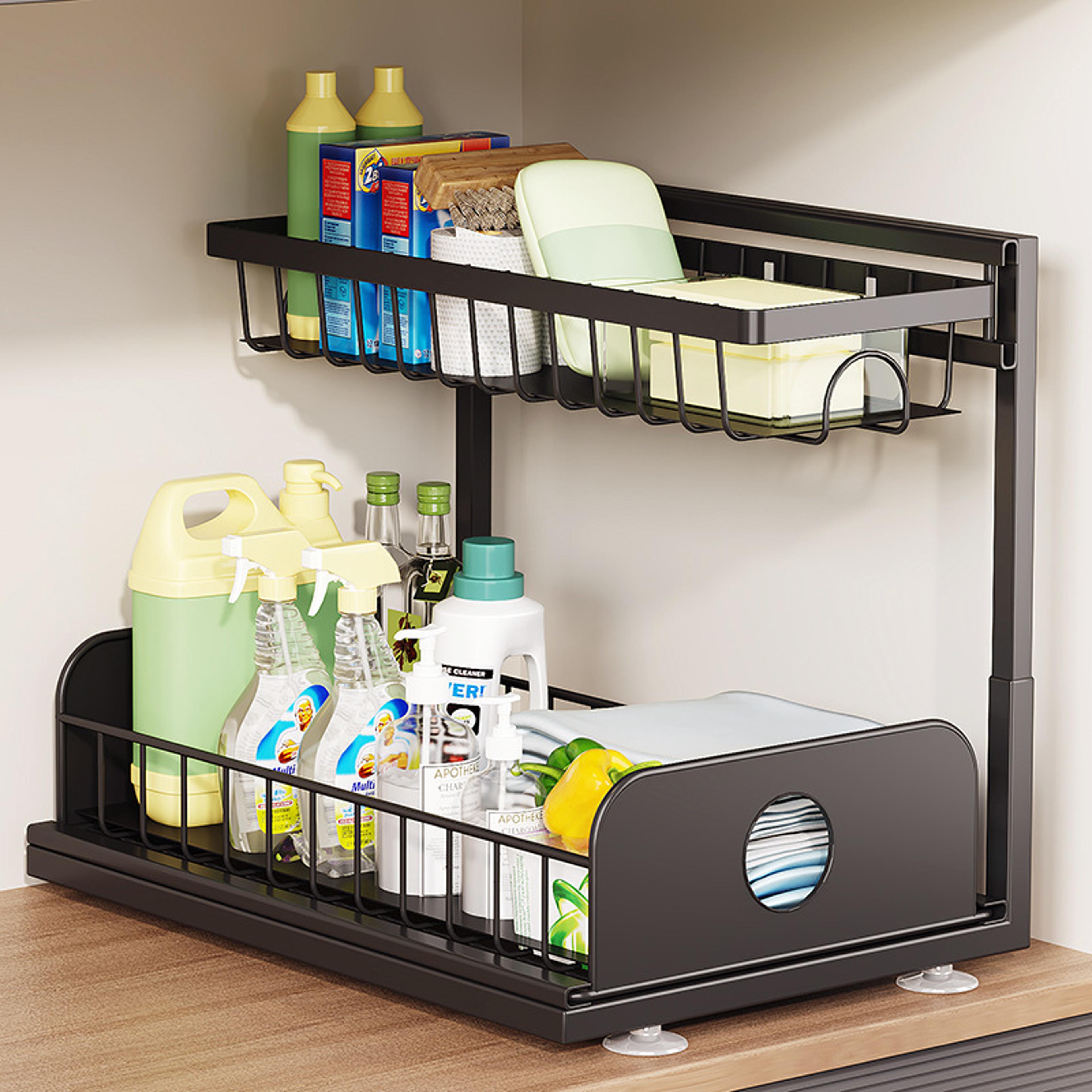 adjustable pull out under sink organizer tier cabinet storage shelfs