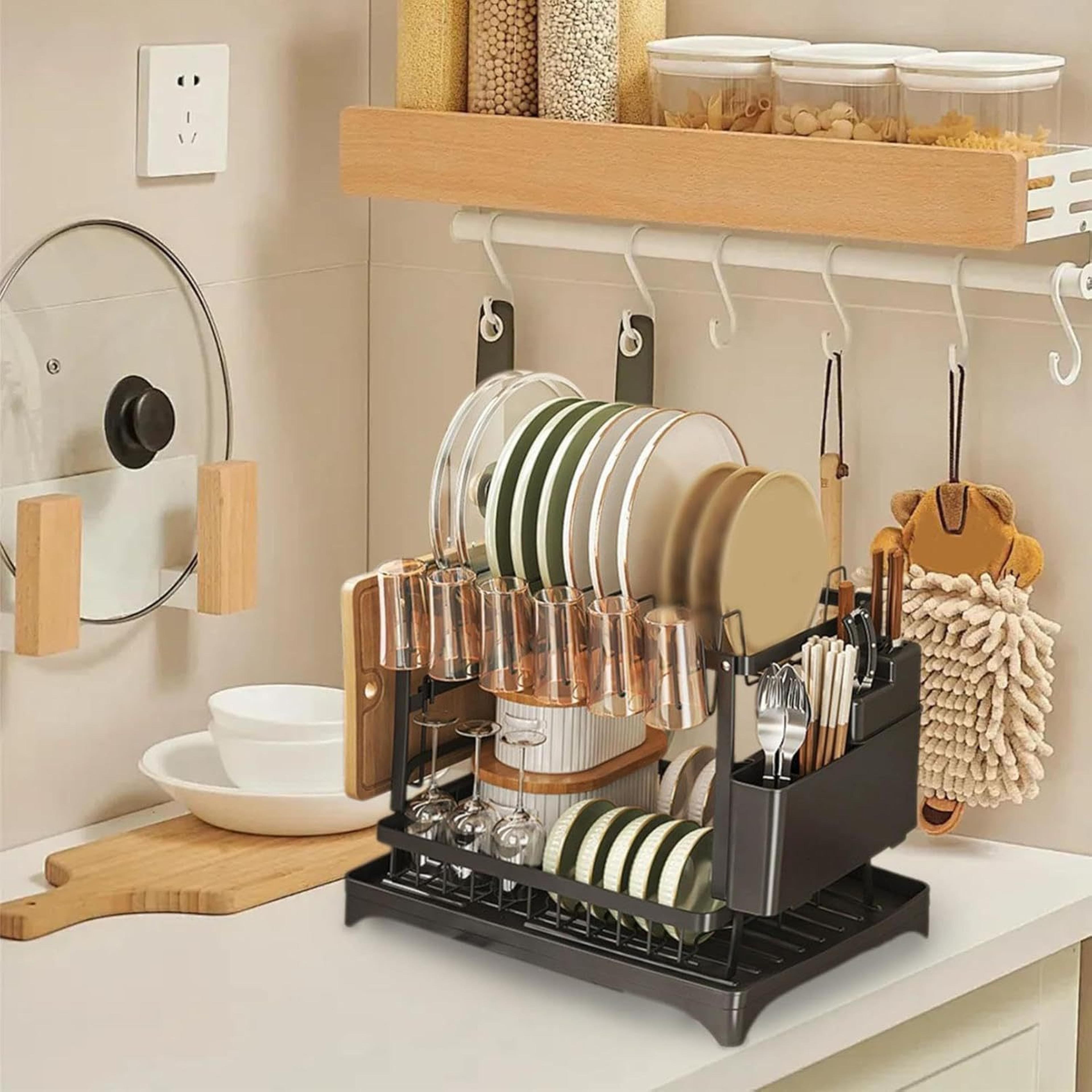 dish drying rack with utensil holder and drain tray