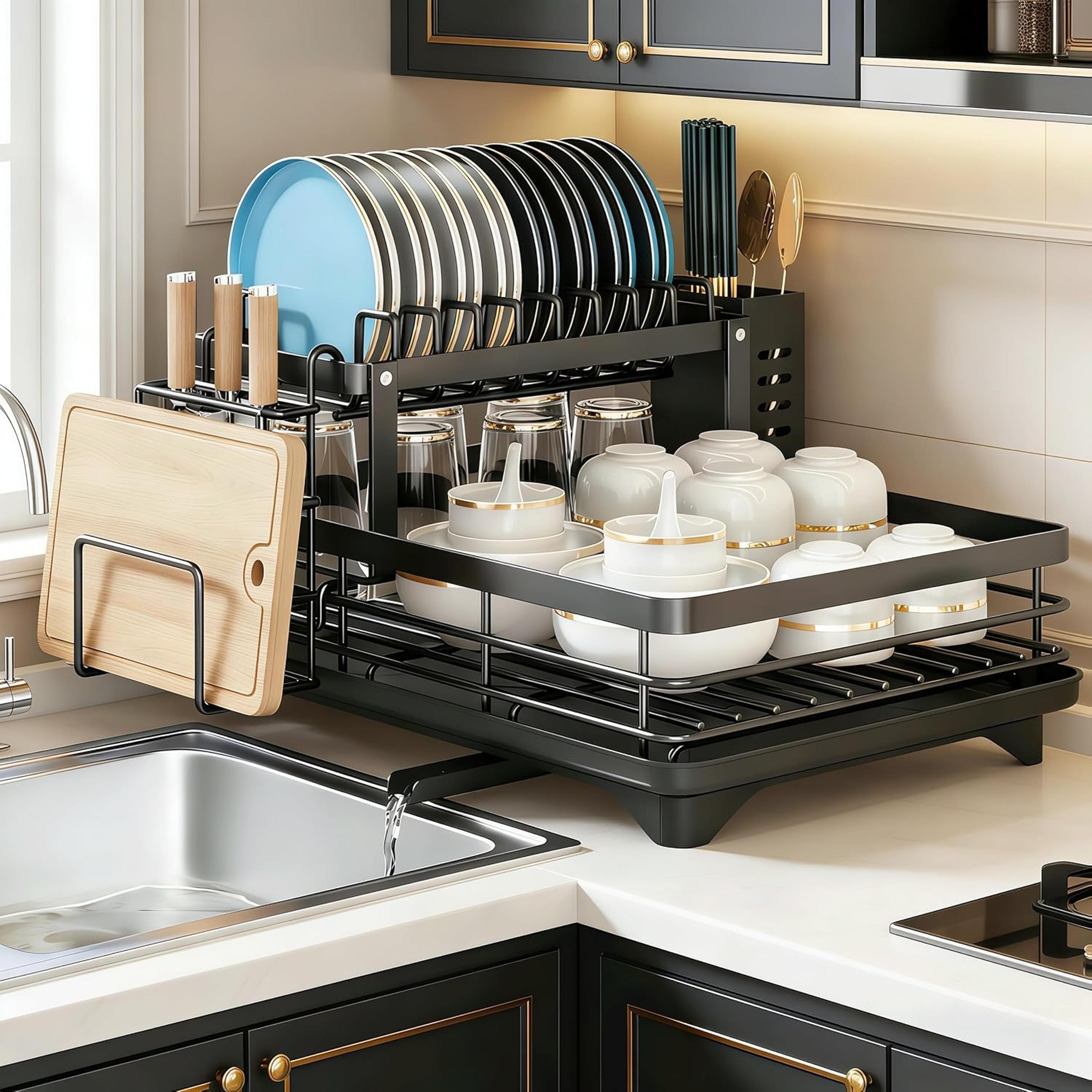 dish drying rack with 360 rotatable drain spout and adjustable drainage tray