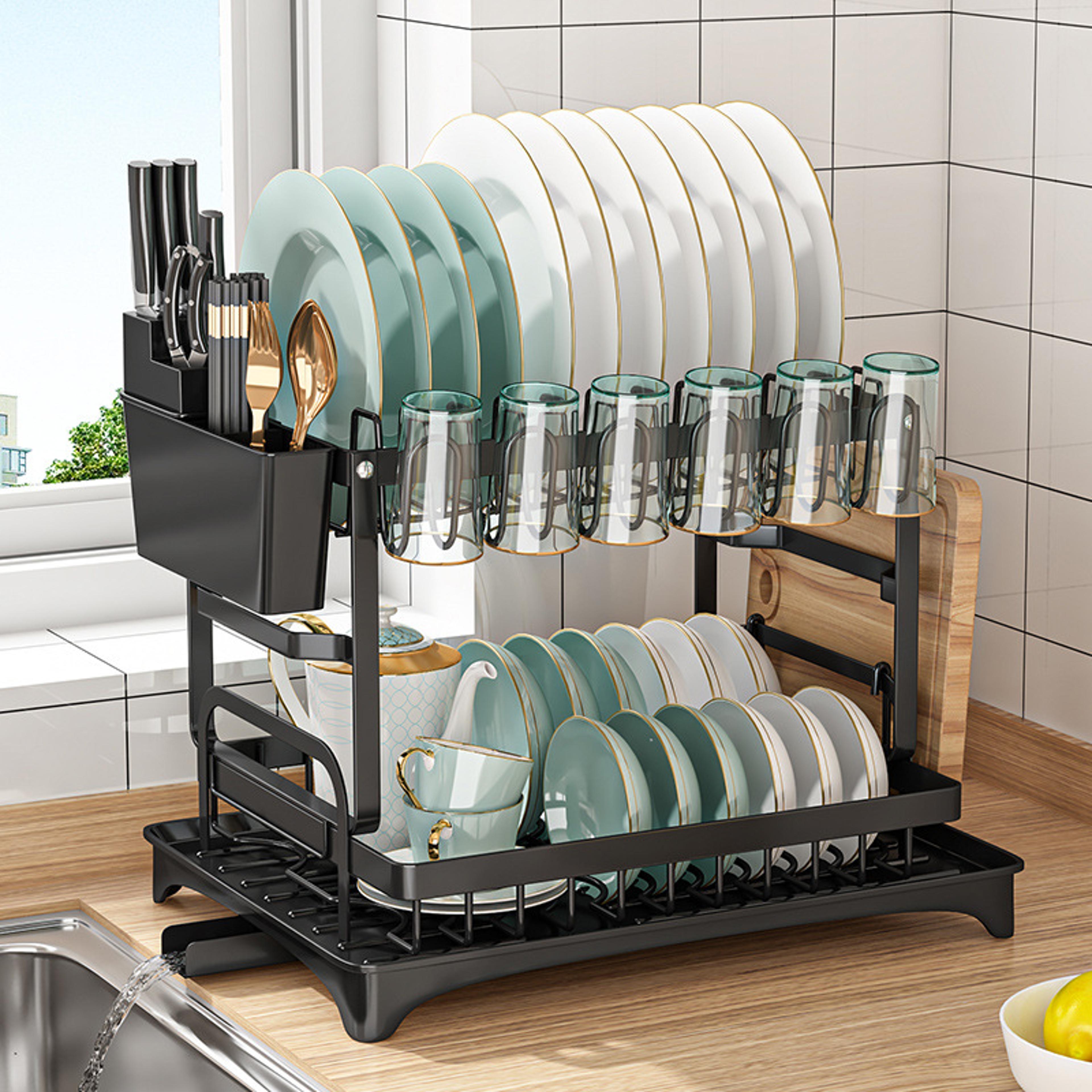 dish drying rack with utensil and cup storage