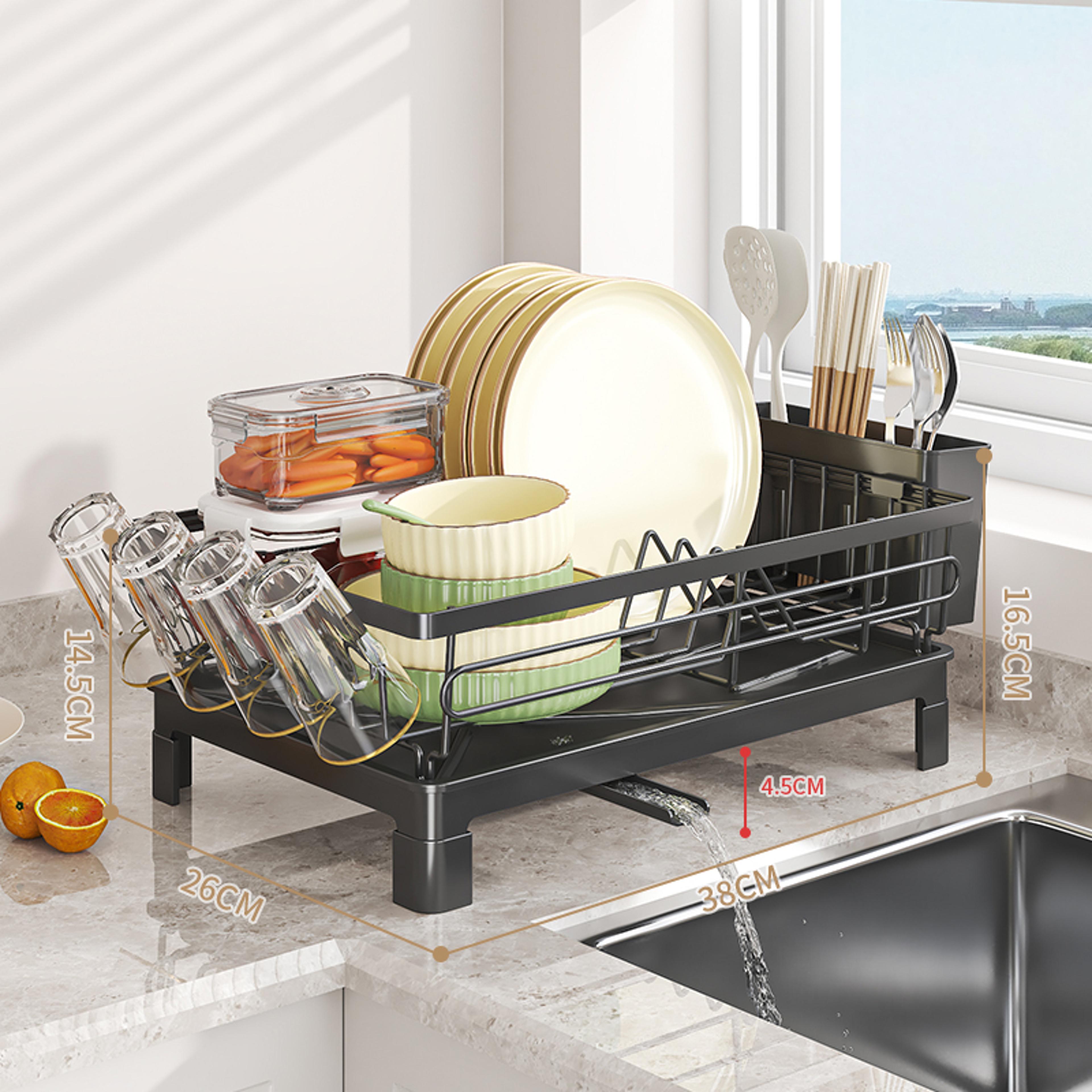 large capacity metal dish drying rack with cup and utensil holders