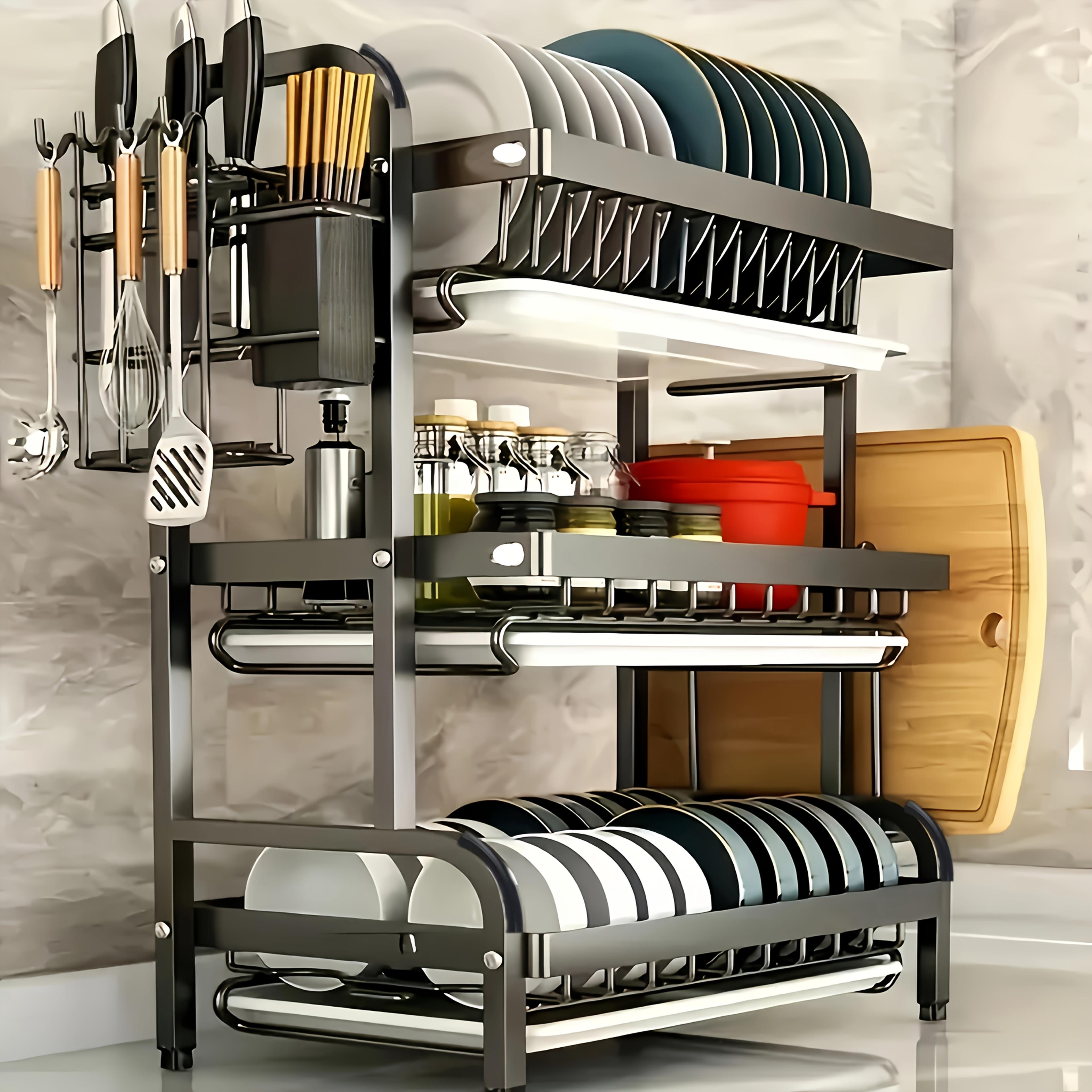 steel dish drying rack with drainage and utensil storage
