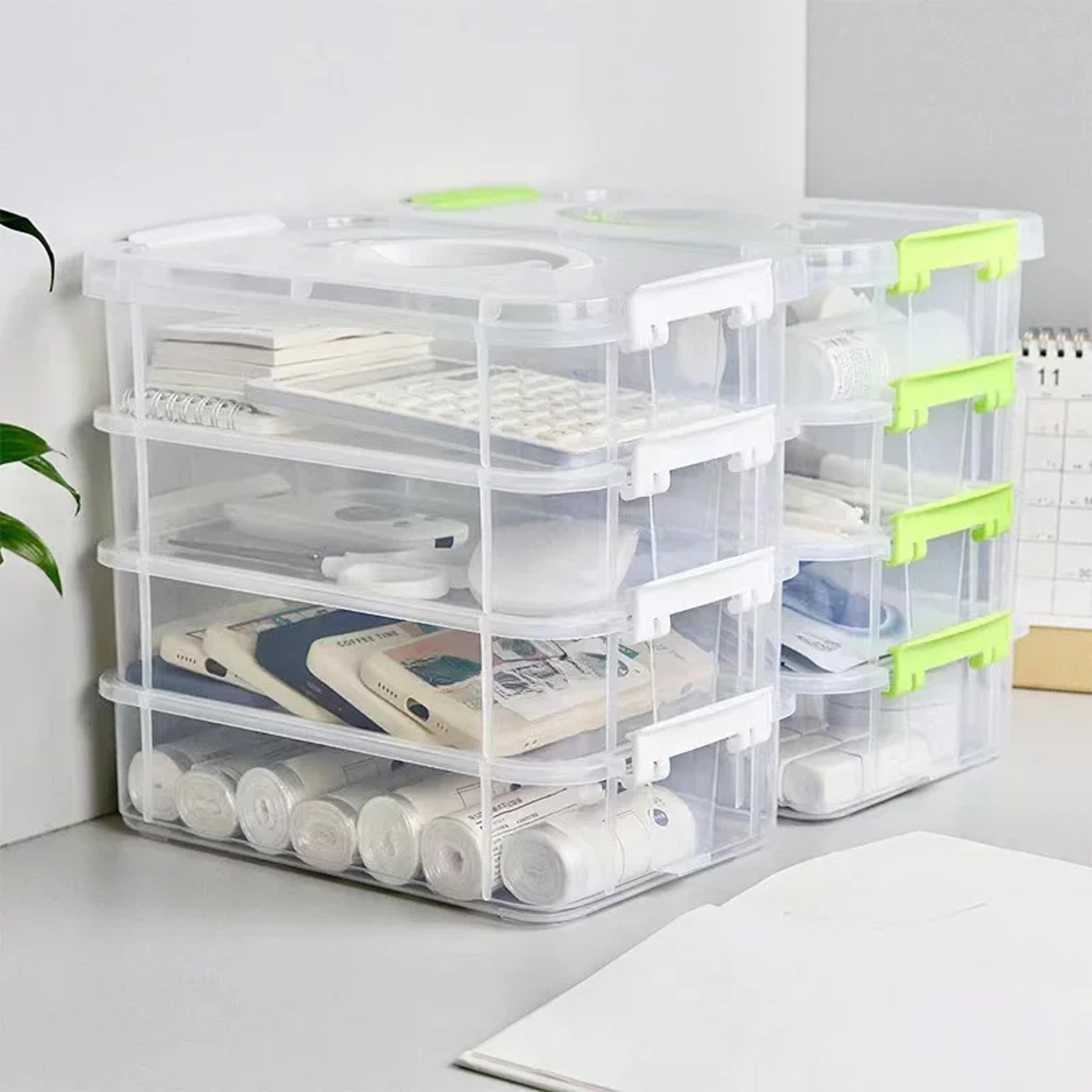building block storage box with stackable compartments and carry handle