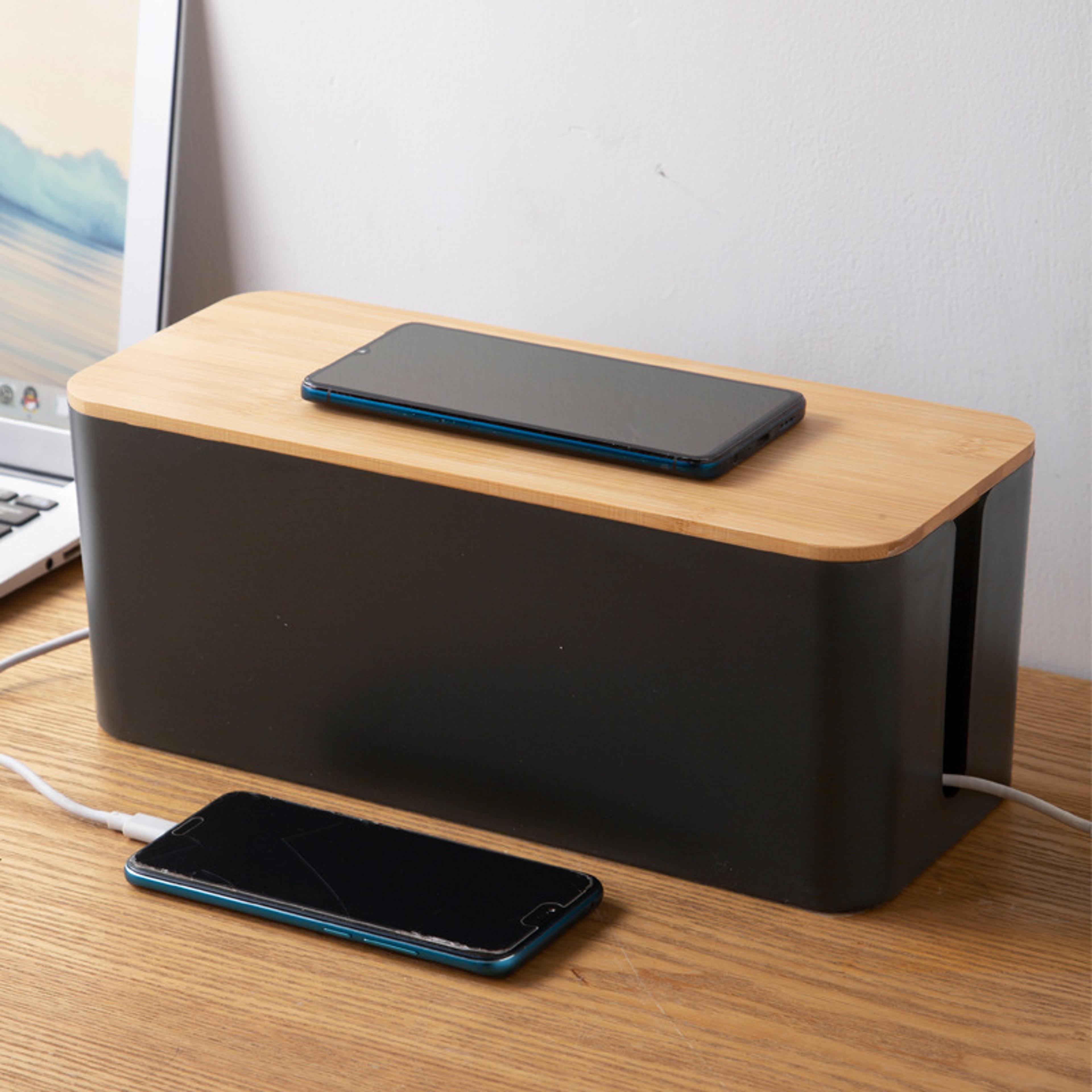 bamboo lid cable management box power strip organizer and cord organizer box