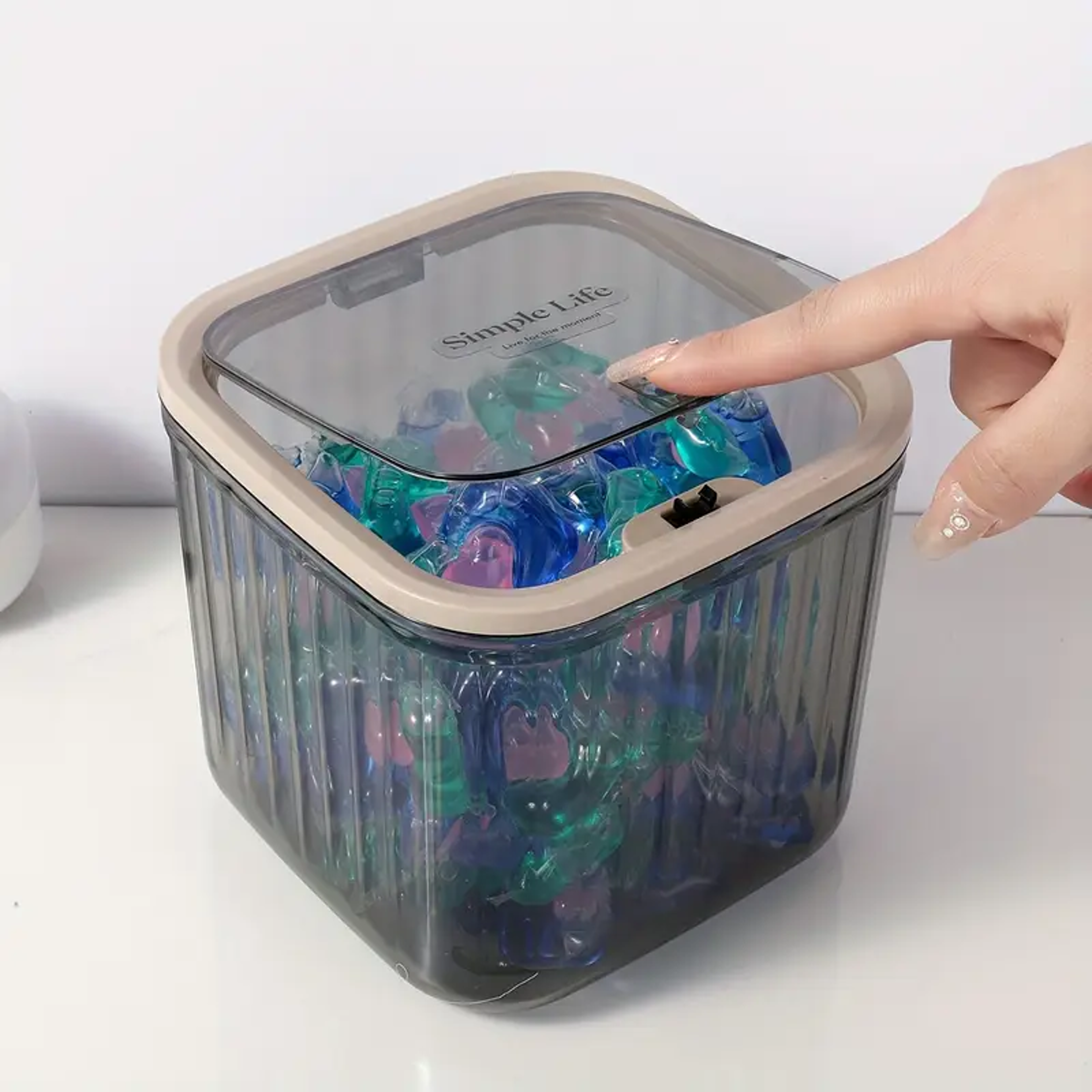 clear pop up lid laundry detergent container and mini desktop organizer