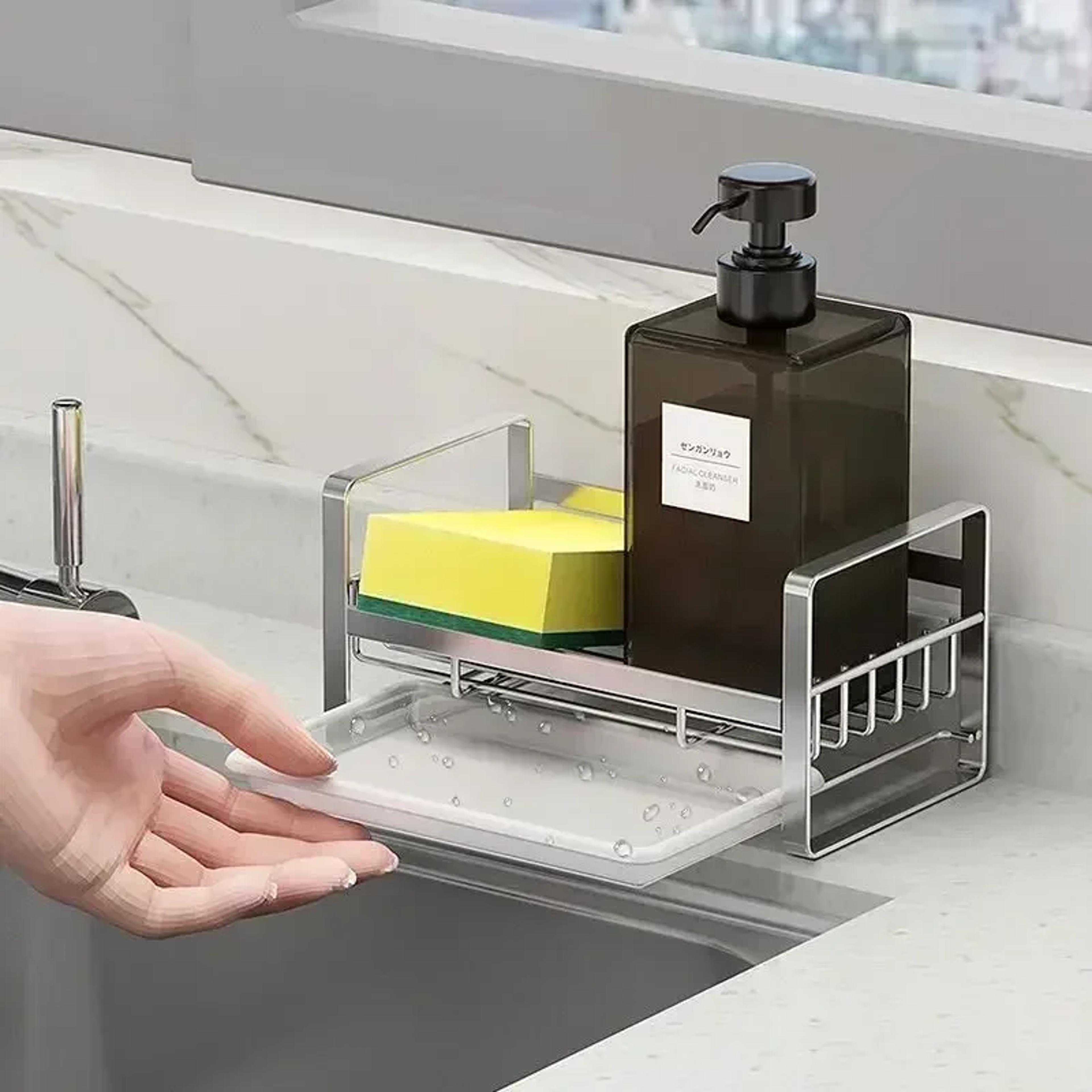 stainless steel kitchen sink sponge holder and cleaning brush organizer