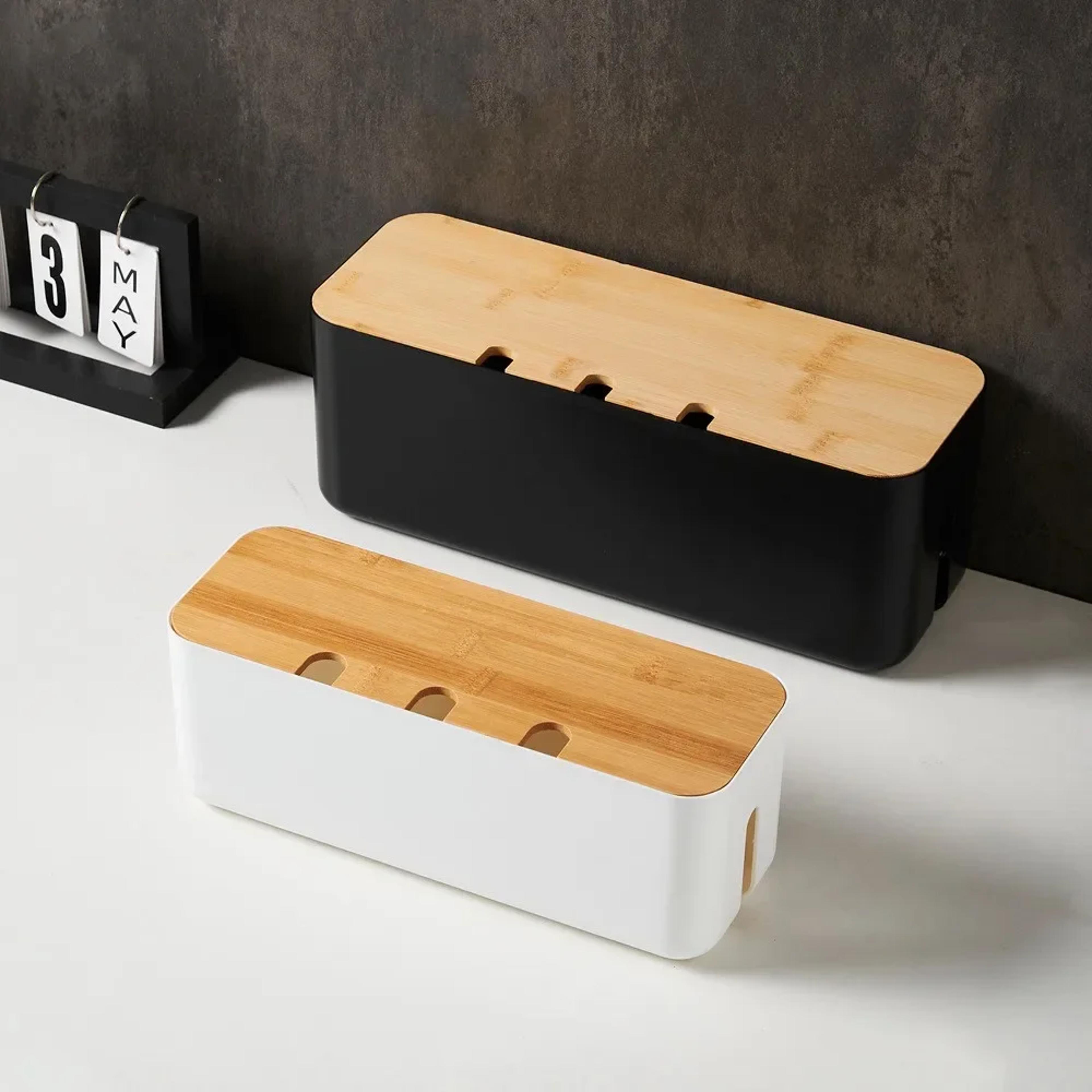 bamboo lid cable management box power strip organizer and desk cord hider