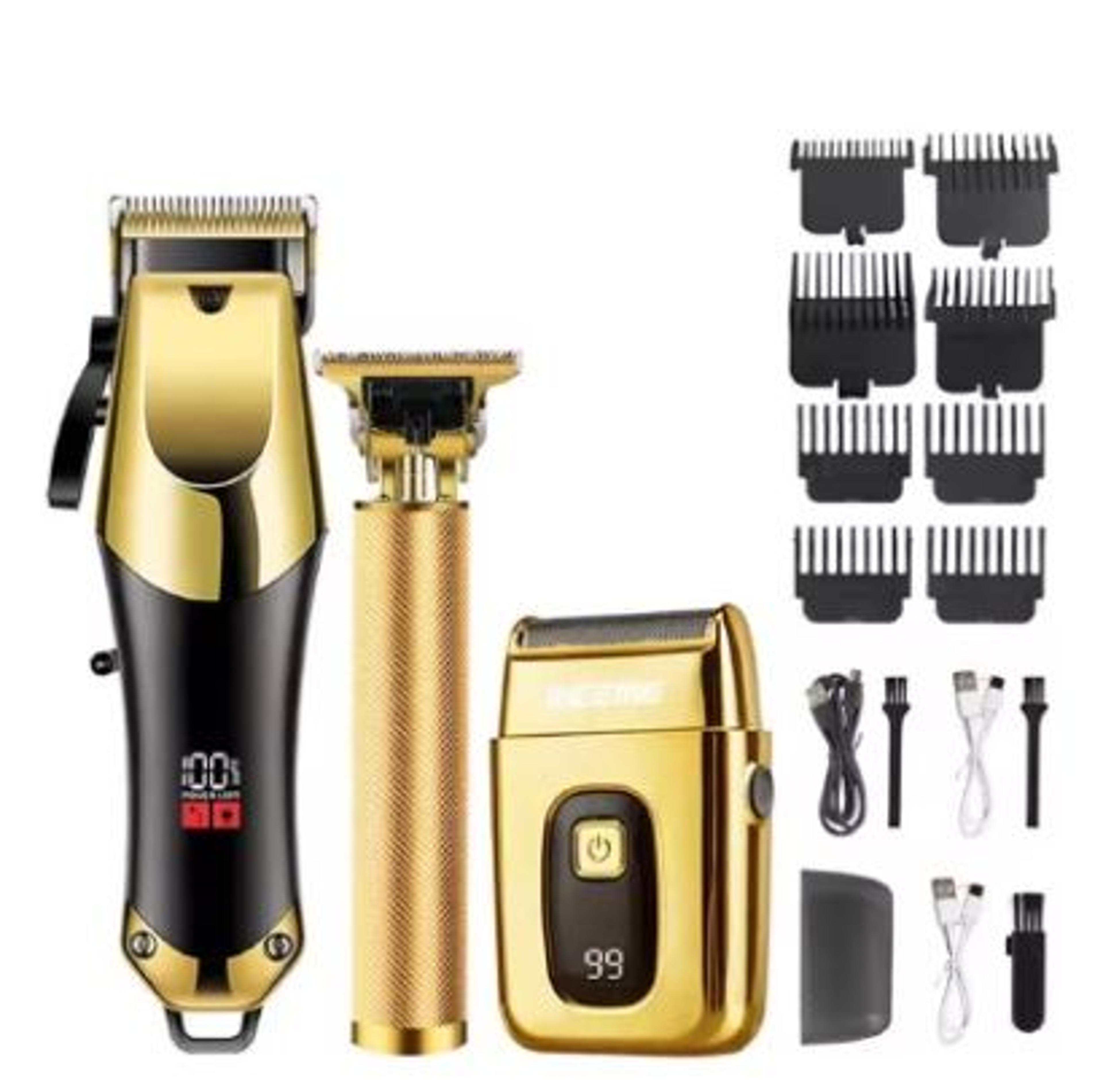 professional three-piece hair clippers set for men, usb rechargeable trimmer, ideal for home use, fade cuts & for beard