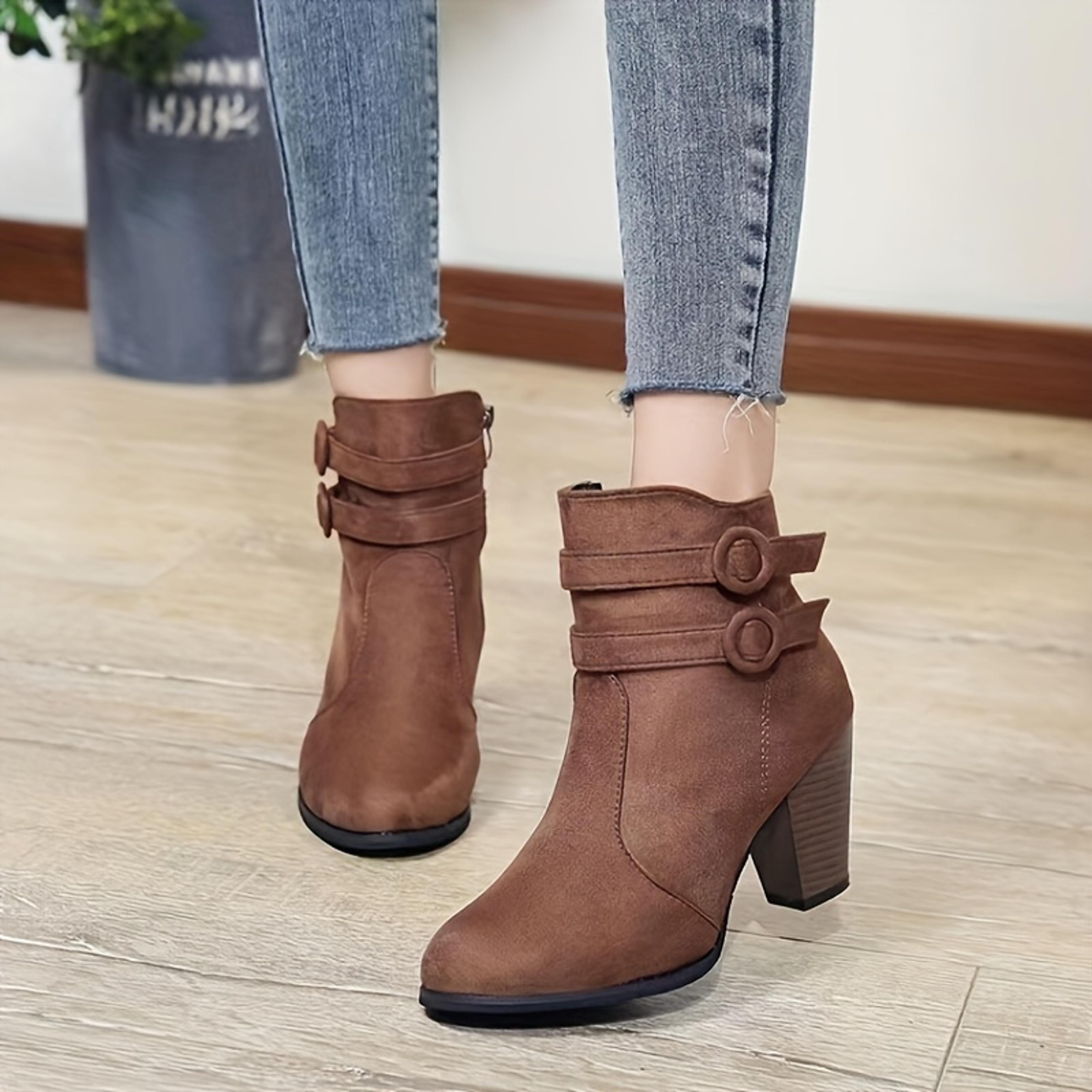 women's block heeled short boots - casual buckle strap side zipper boots - comfortable ankle boots - women block heels