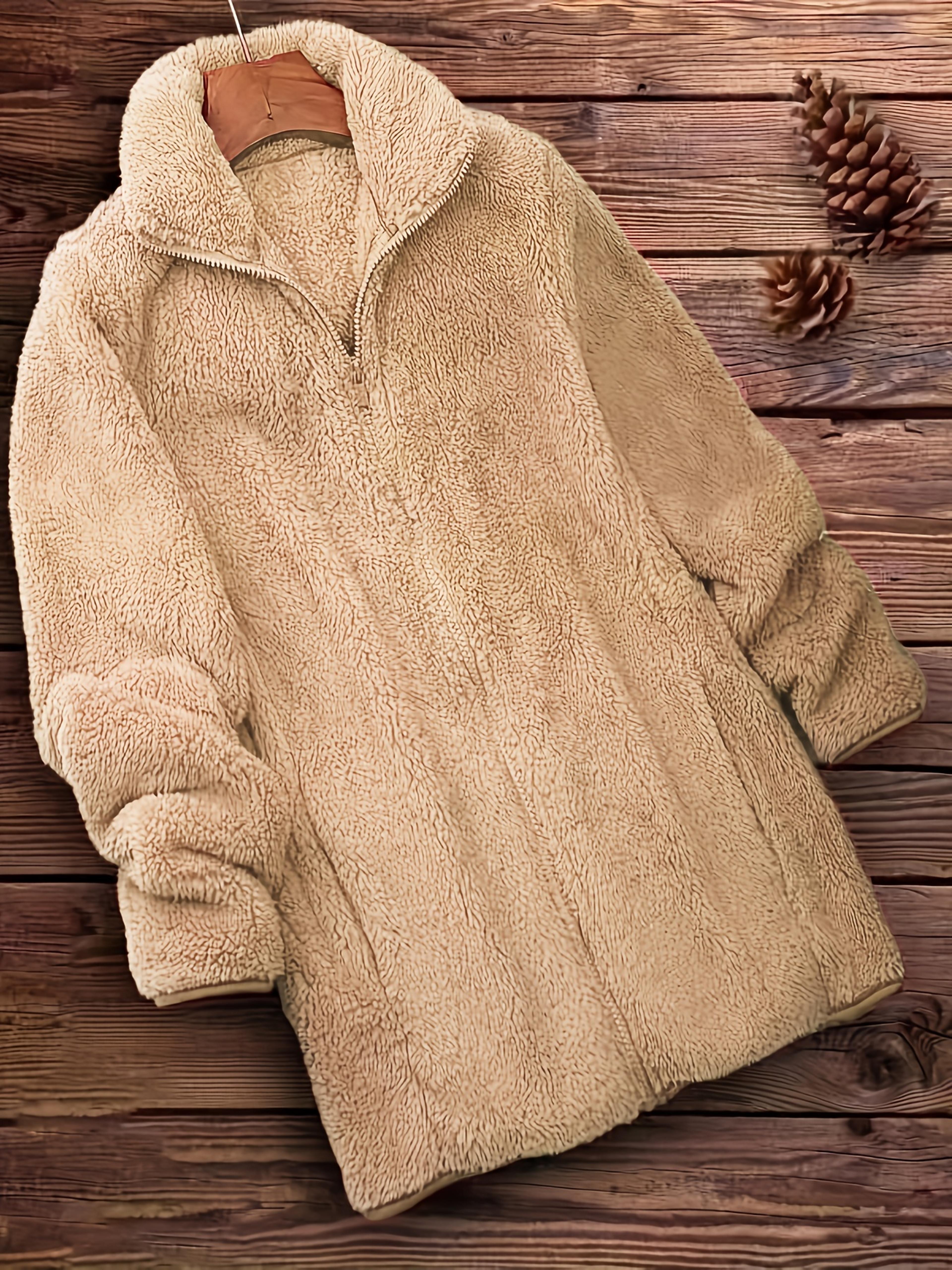 zip up solid teddy coat - casual long sleeve winter outerwear - women's clothing