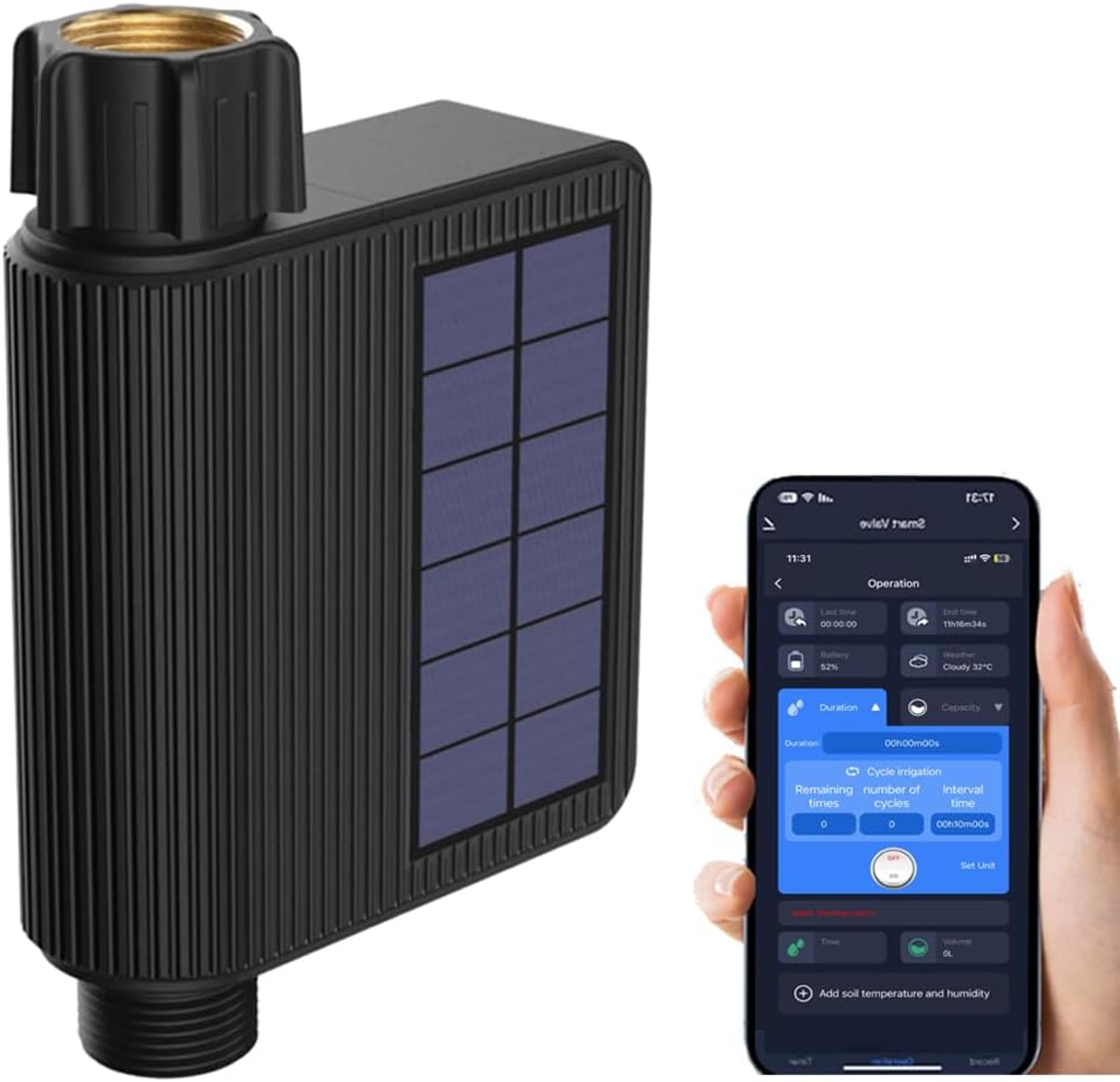 smart wifi watering timer with solar power, automatic sprinkler & drip irrigation system with built-in water flow record