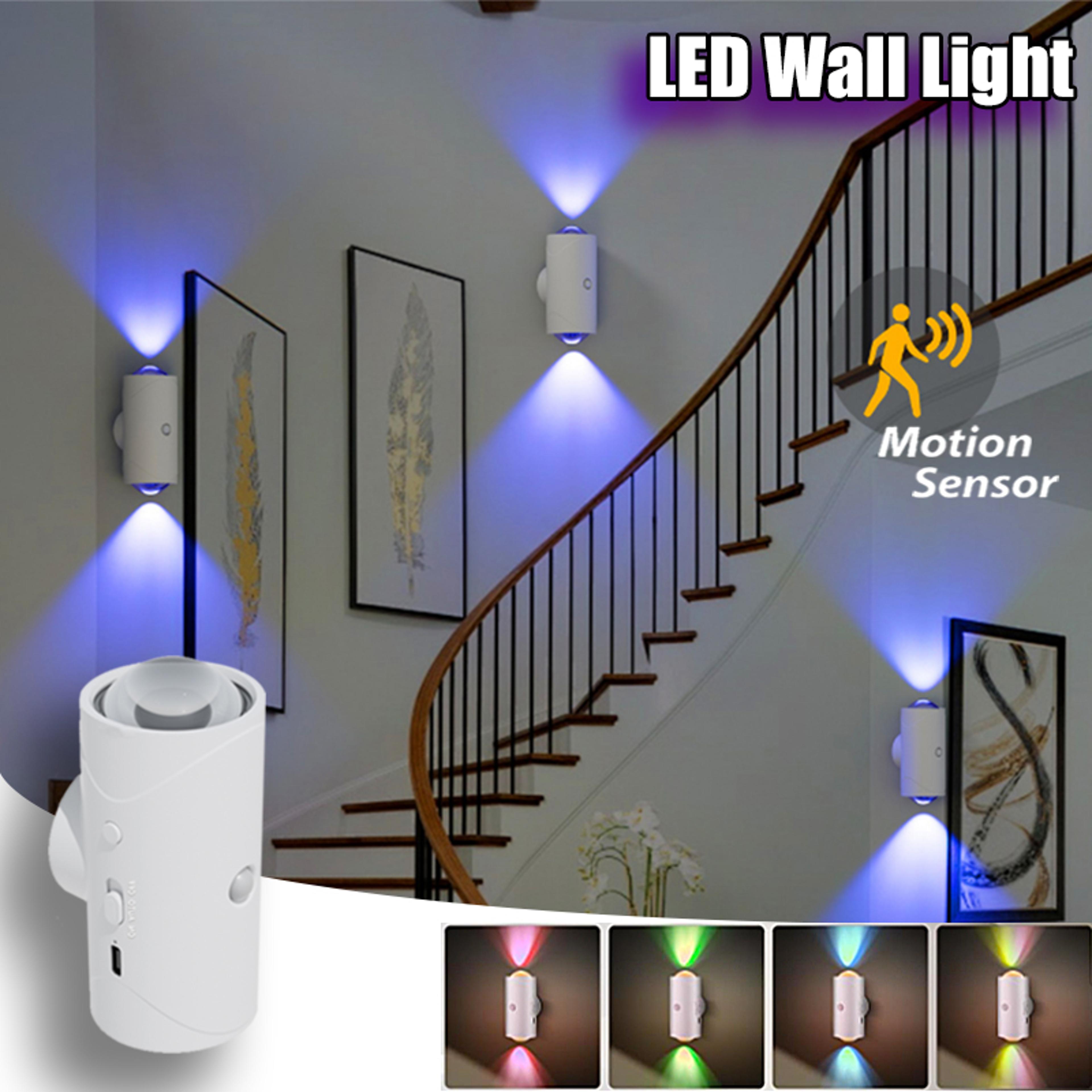 rgb motion sensor wall lamp, rechargeable led up & down light with warm white, auto night light for stairs, porch