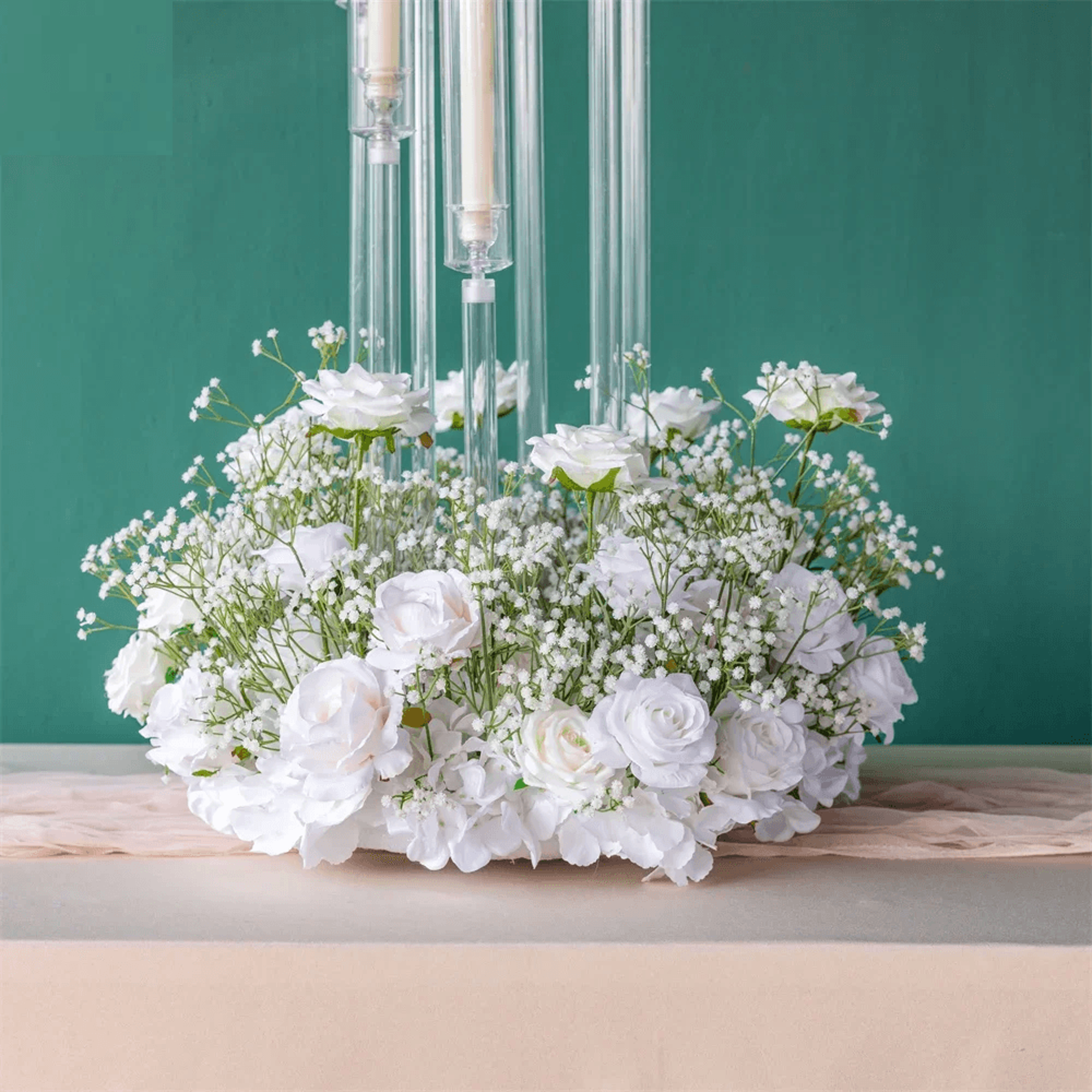 elegant 2ft tall white rose silk flower arrangement with green baby's breath, wedding table centerpiece decor