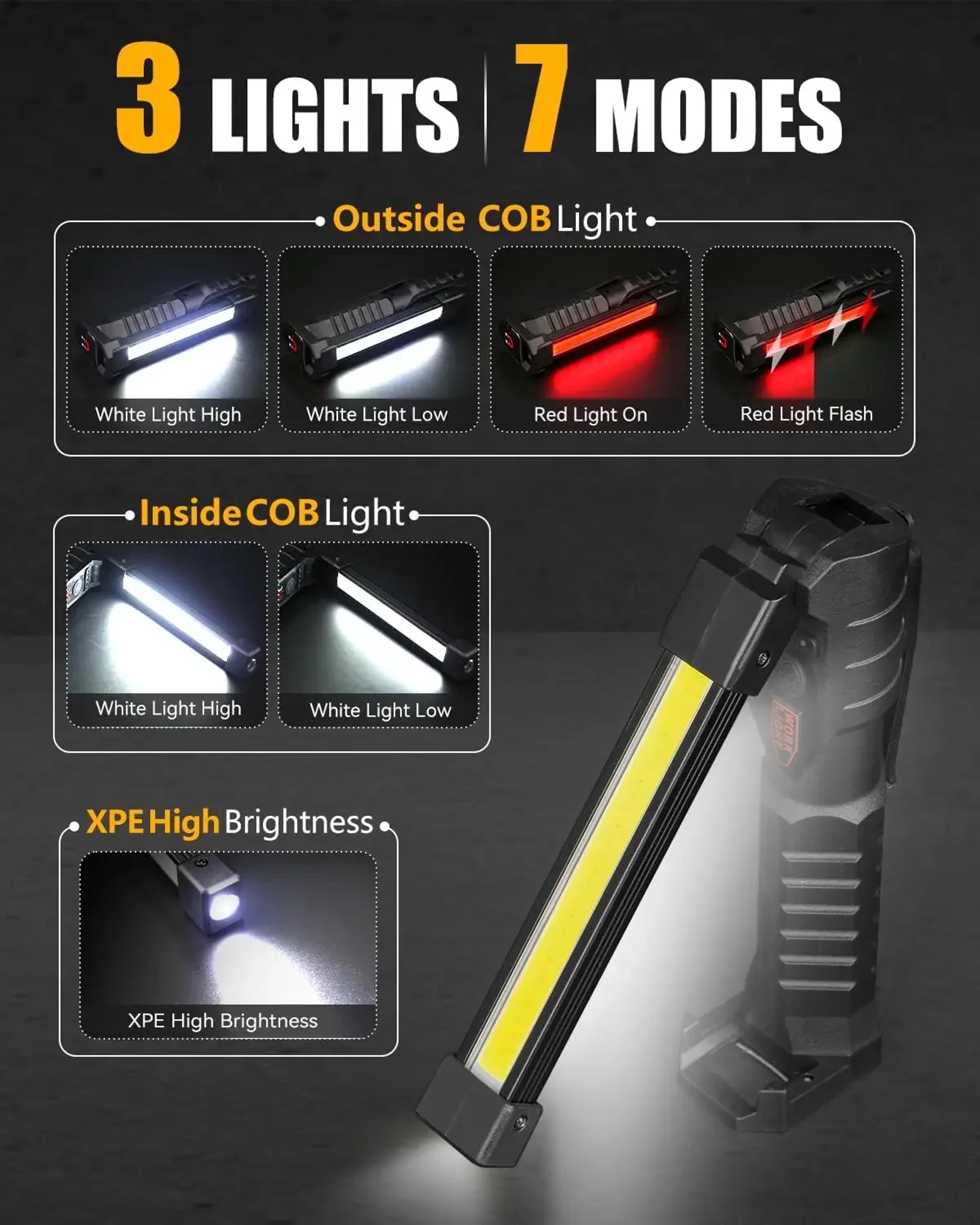 new cob foldable flashlight, 7 mode magnetic usb rechargeable led work light with hanging hook, 1200mah power bank
