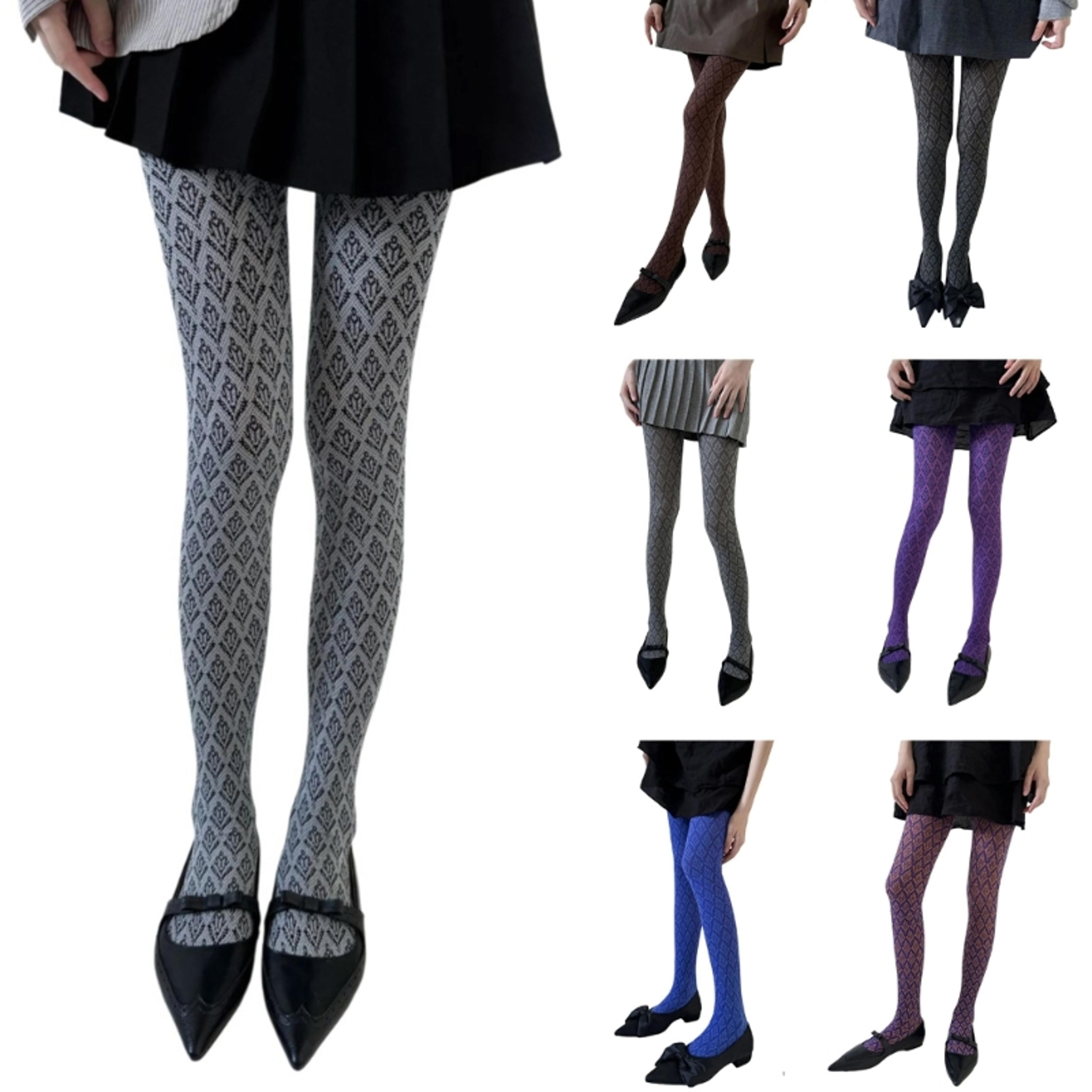 vintage dark floral jacquard patterned pantyhose for women, japanese style autumn tights, slimming opaque silky stocking