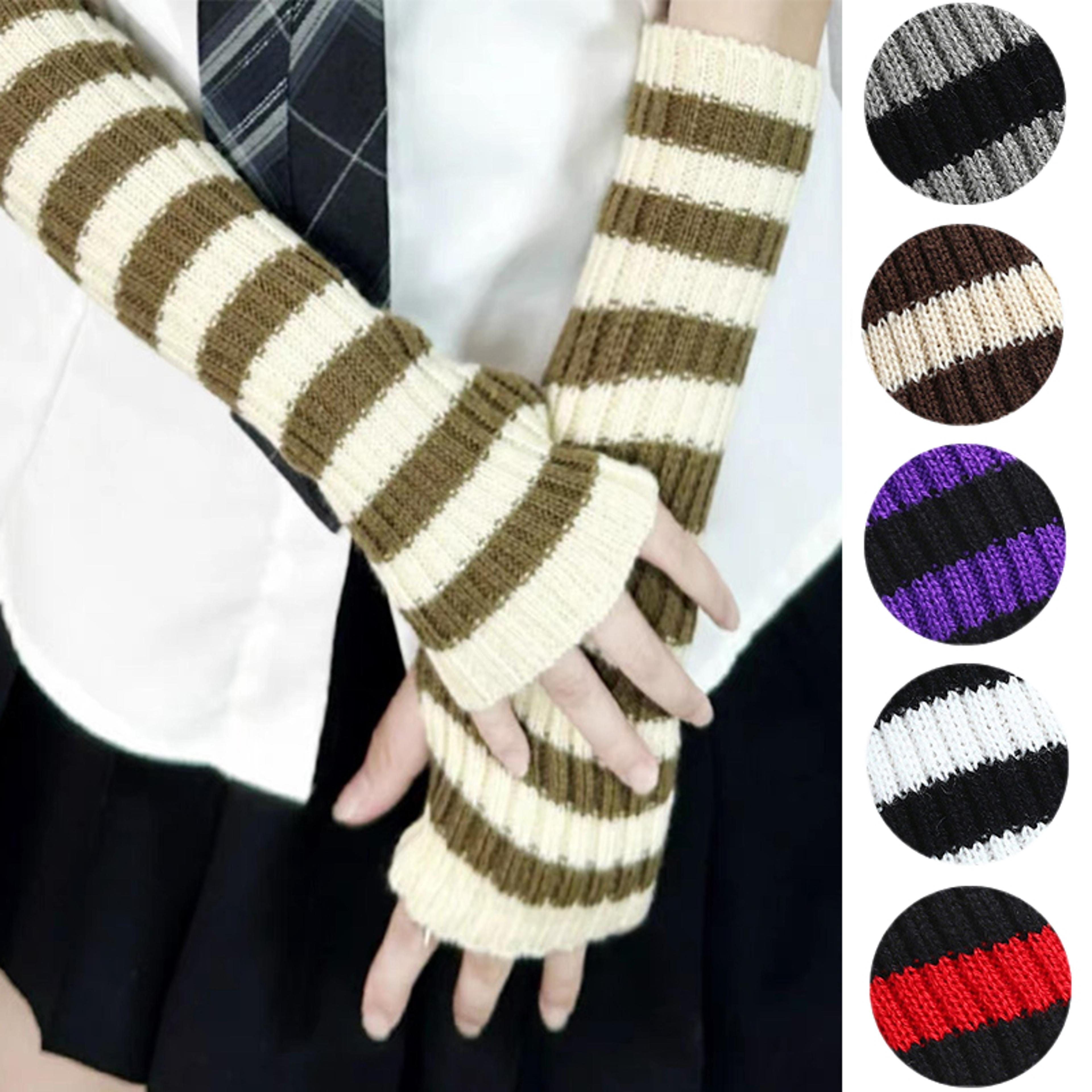 women's knitted fingerless arm sleeves, gothic style striped winter long arm warmers for girls, harajuku y2k fashion