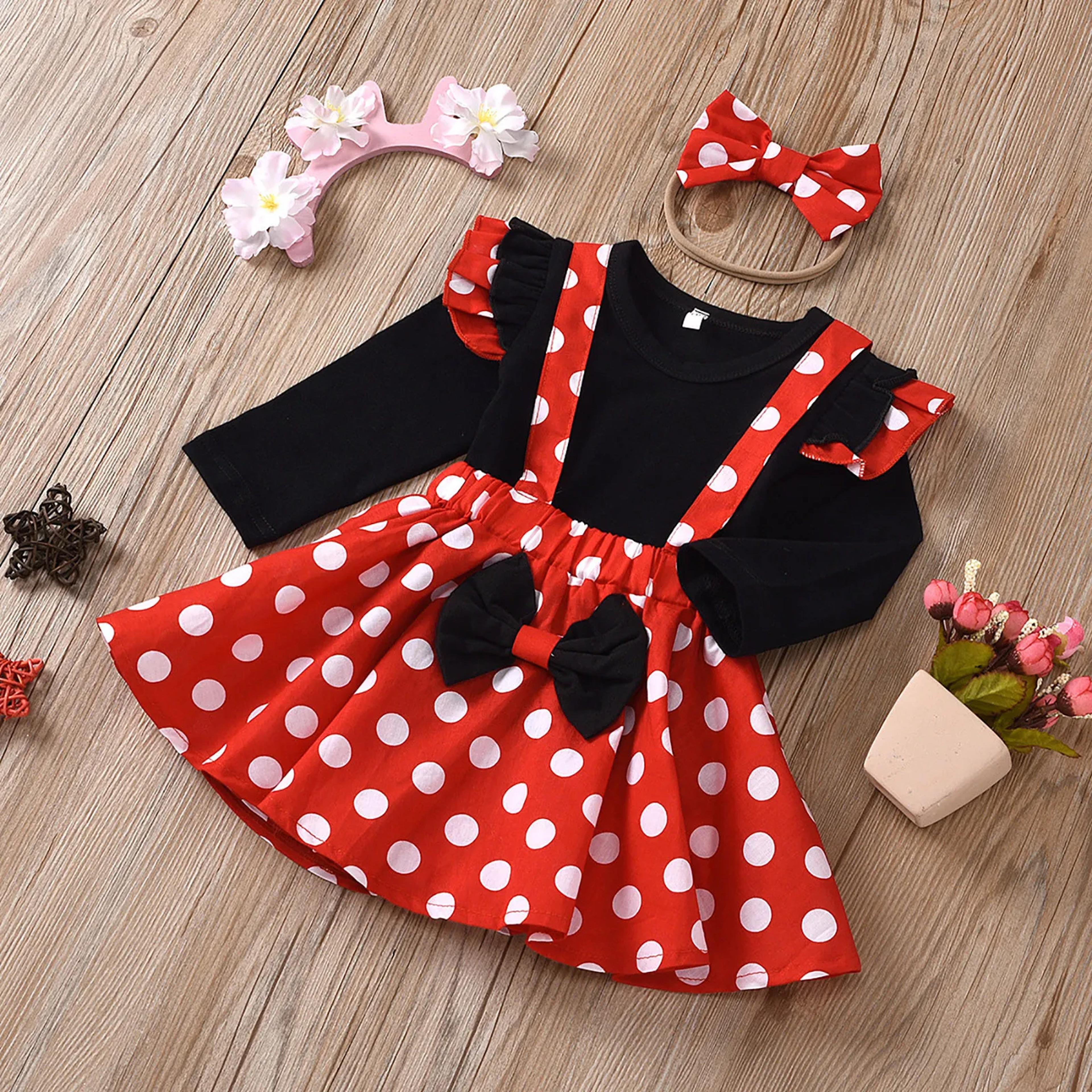 minnie mouse dress outfit for girls 1-5 years, summer baby clothing set with dots top, skirt headband