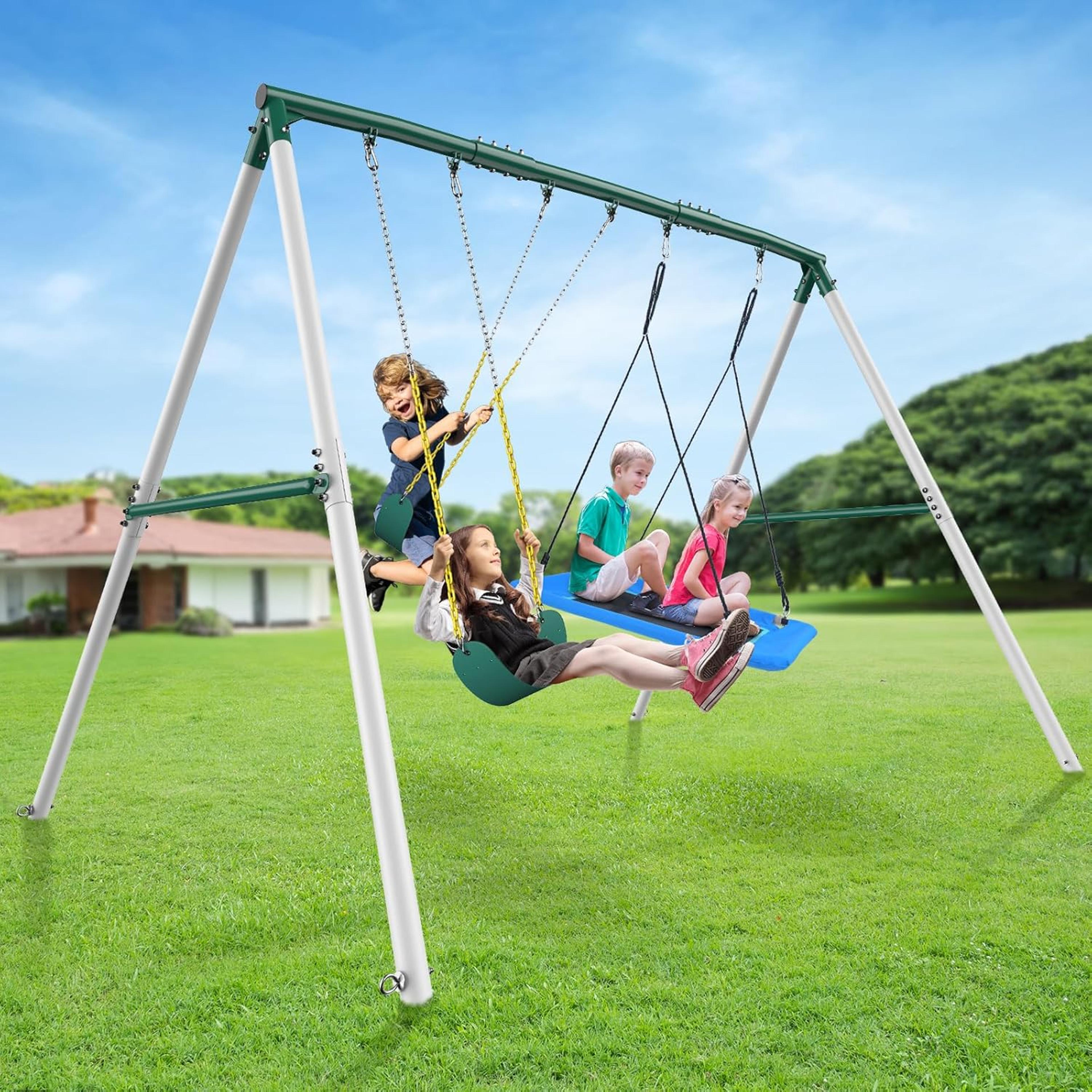 hapfan heavy duty metal swing set, 7.3ft tall outdoor playset with 3 swings, for big kids and backyard playgrounds