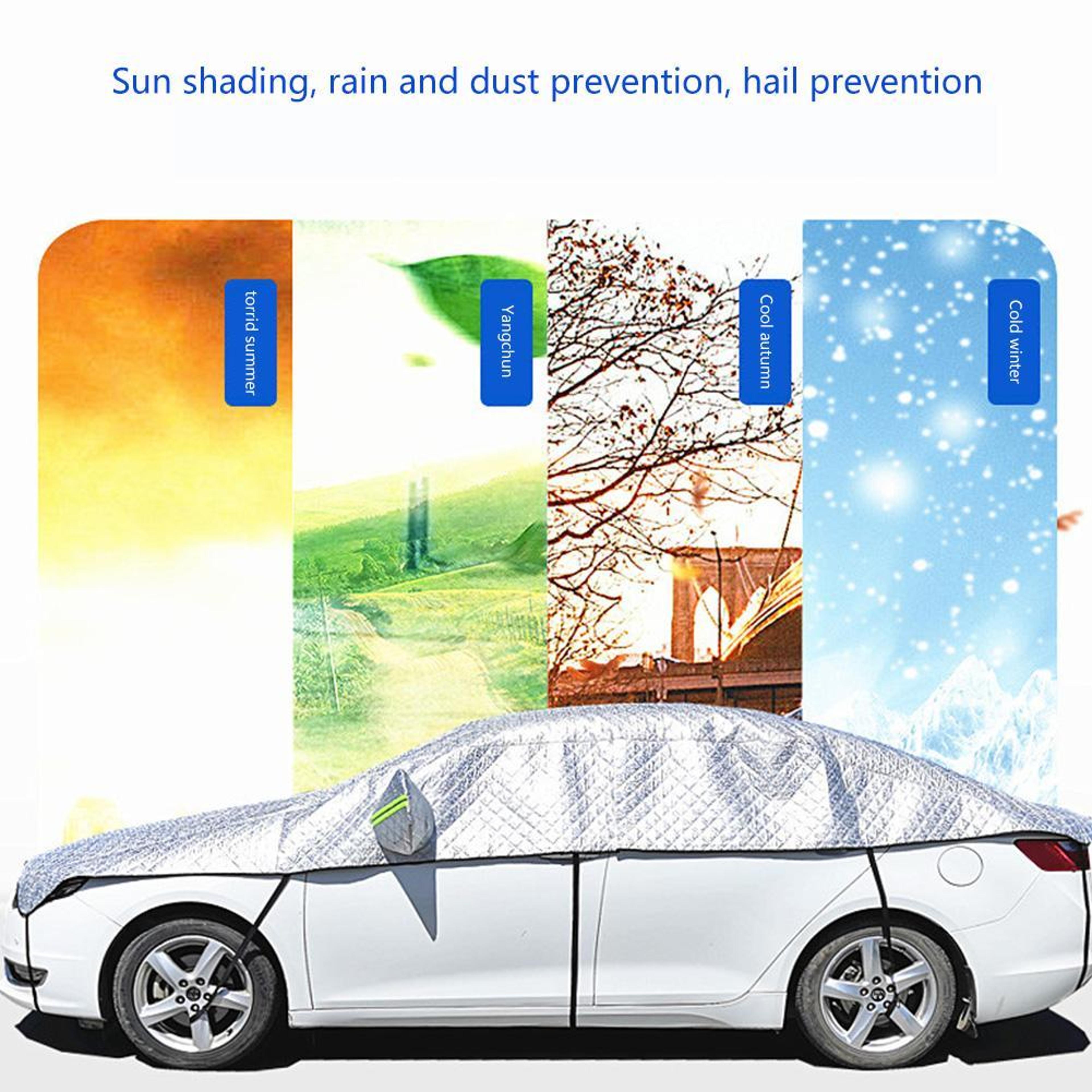 universal car cover, all weather sunshade half cover, sunblock rain heat protection, windproof dustproof for sedan hatch