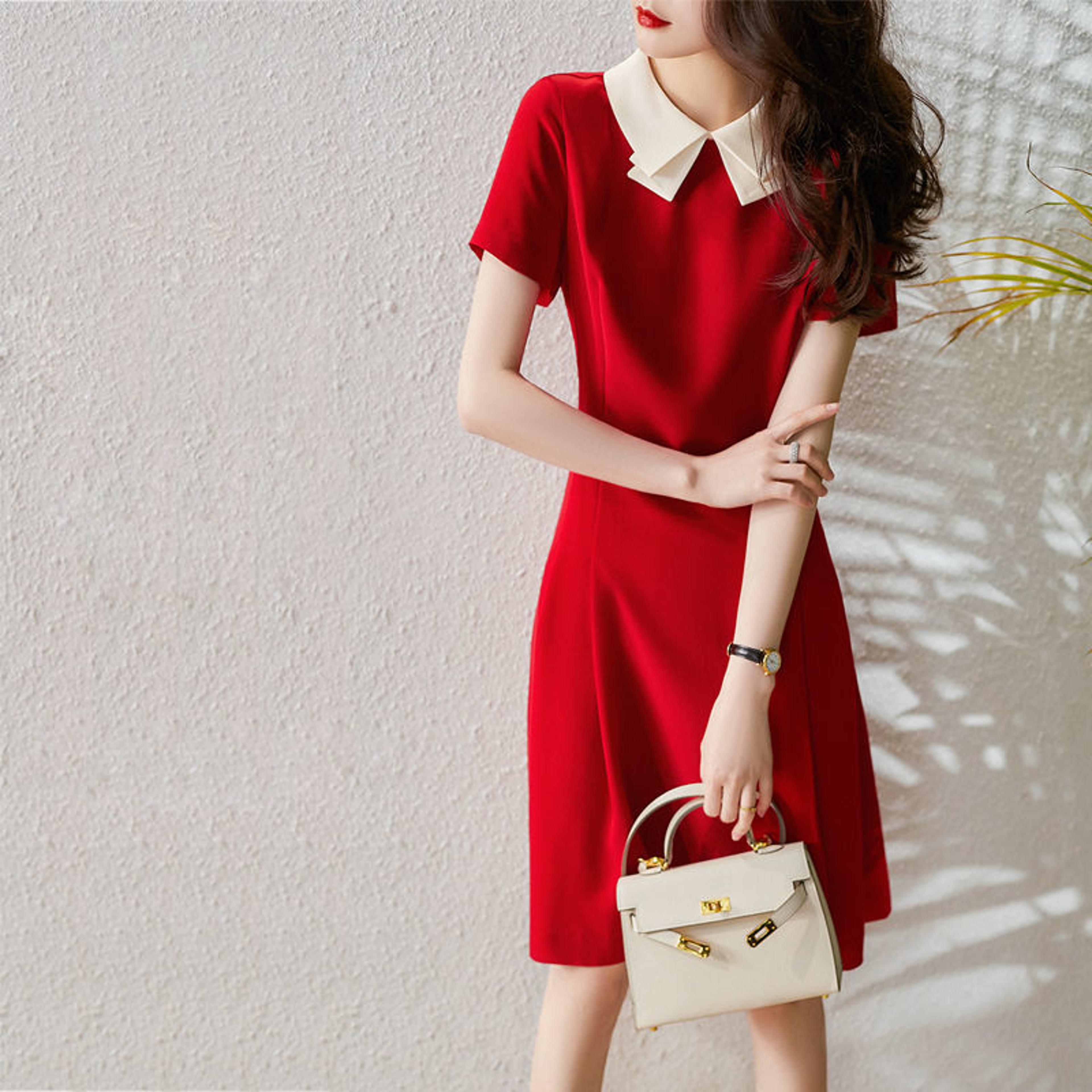 new style dress, fashionable doll neck, slim fit a line skirt, soft red, age reducing design