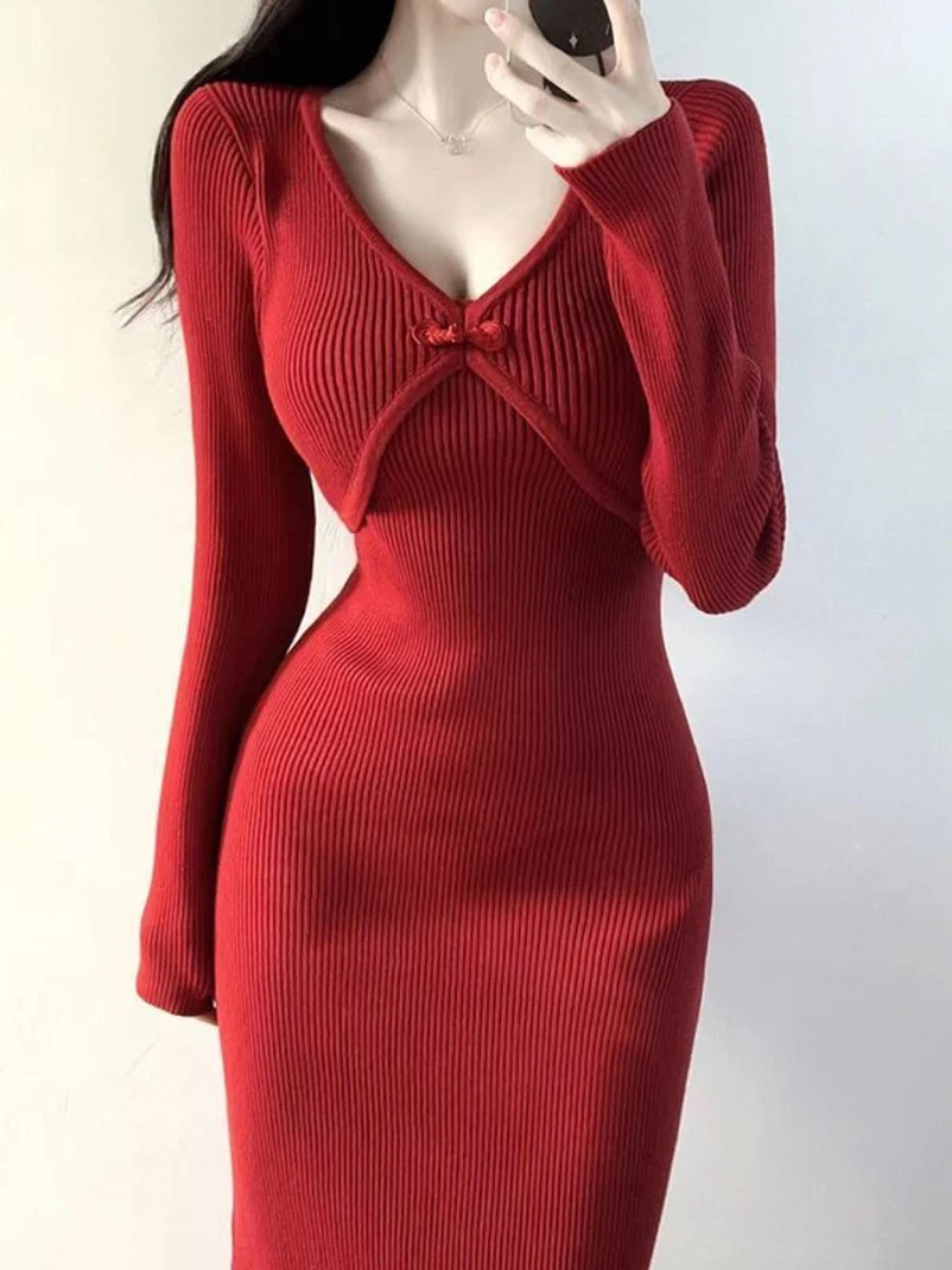 vintage knit dress, red bodycon, womens crochet cover up, elegant midi knee length dress, luxury clothing
