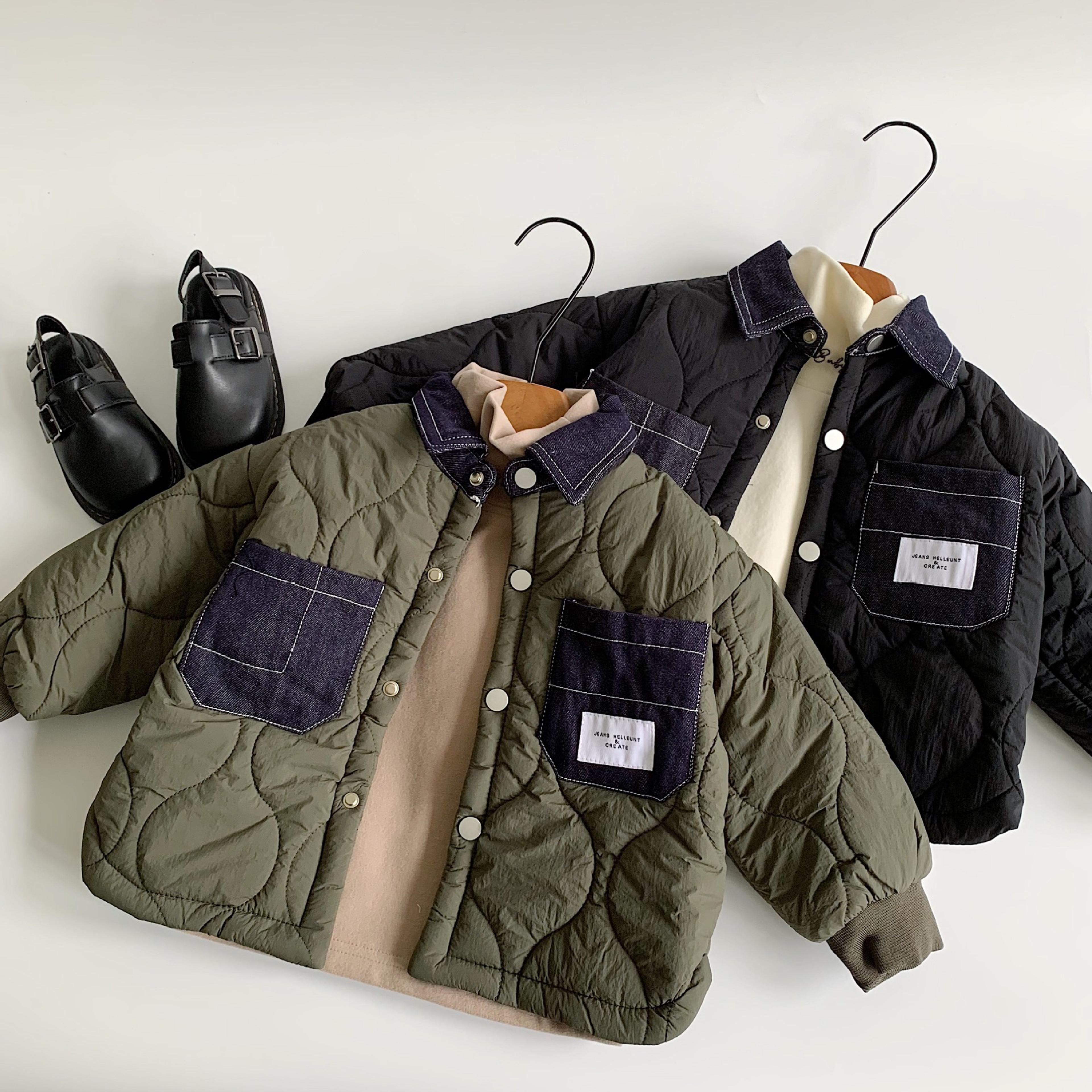winter kids jacket, boys denim patchwork, korean style, casual cotton-padded children clothes, thickened coat