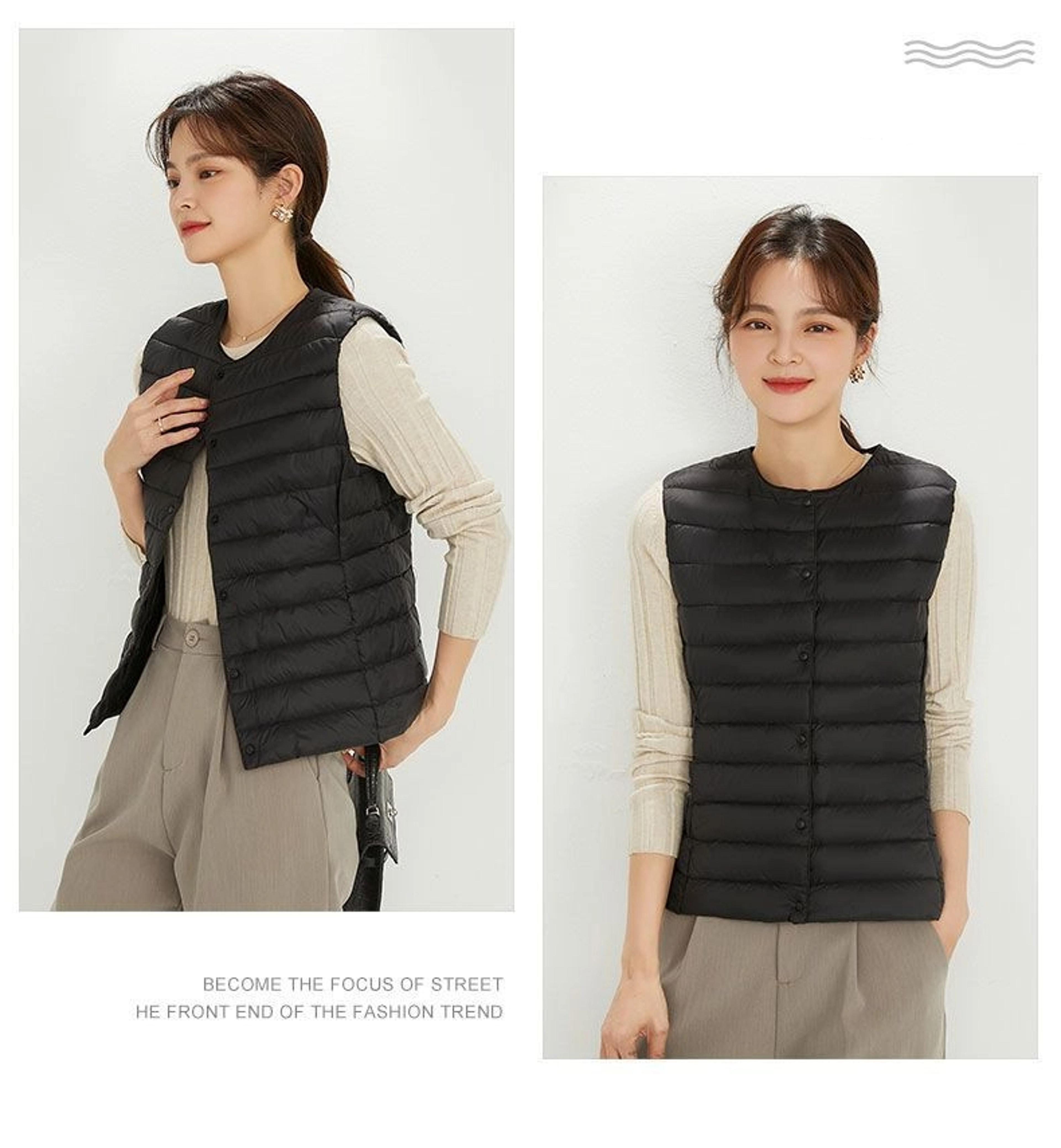 women's lightweight down vest, collarless puffer gilet, sleeveless thermal insulation for cold weather