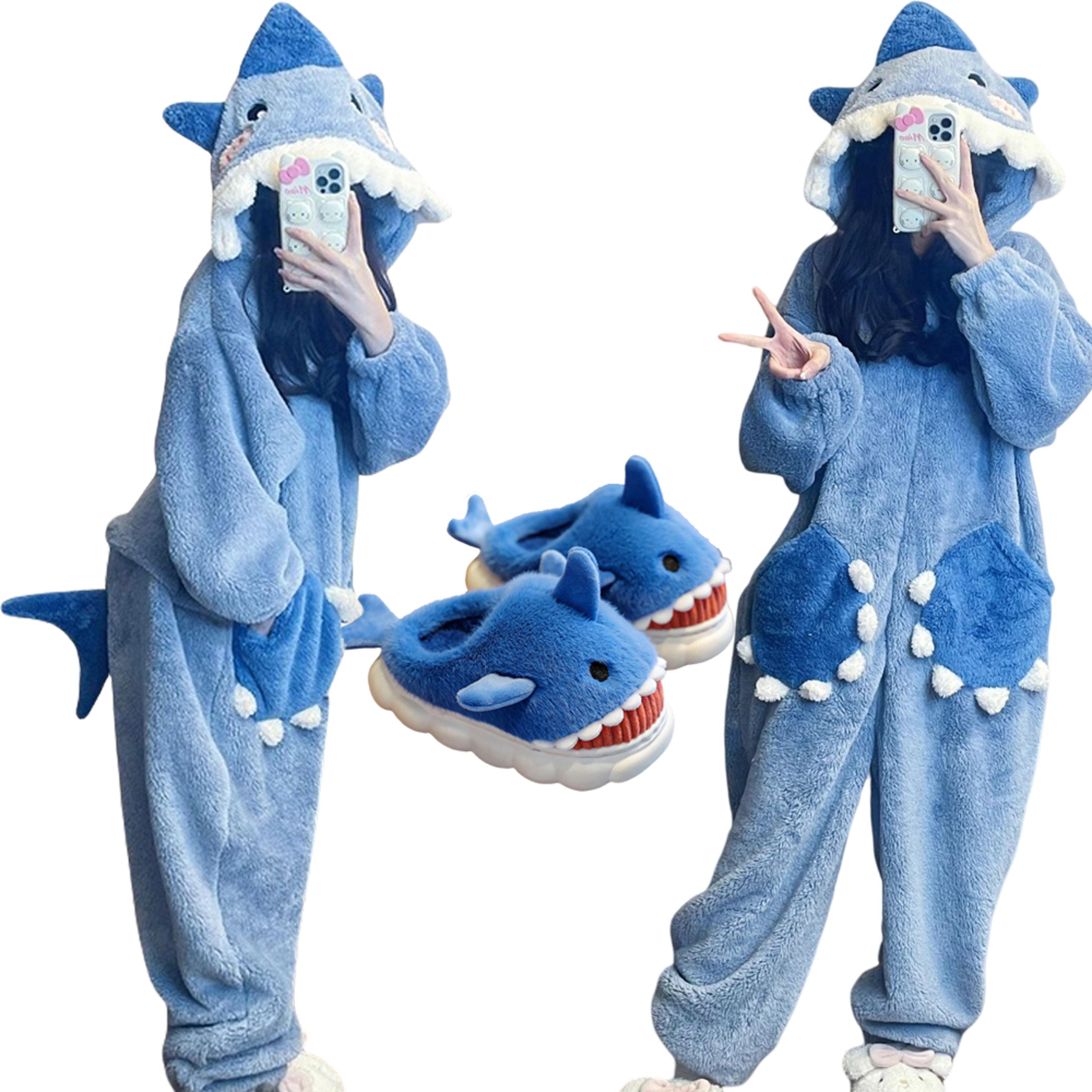 women's cartoon shark kigurumi, cute hooded pajama jumpsuit, unicorn sleepwear for winter, cosplay and loungewear