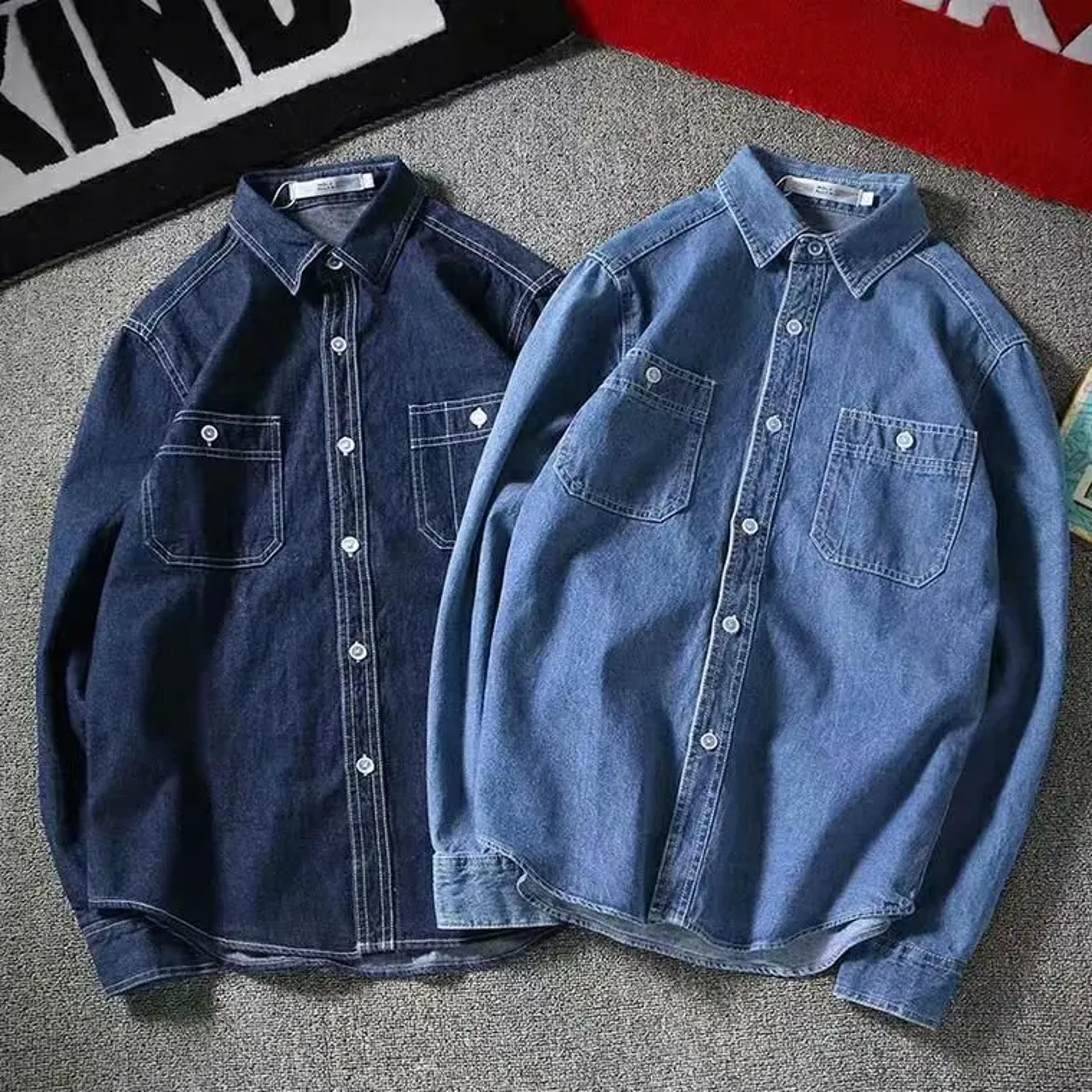 vintage denim shirt for men, long sleeve loose fit, casual jacket, distressed workwear top